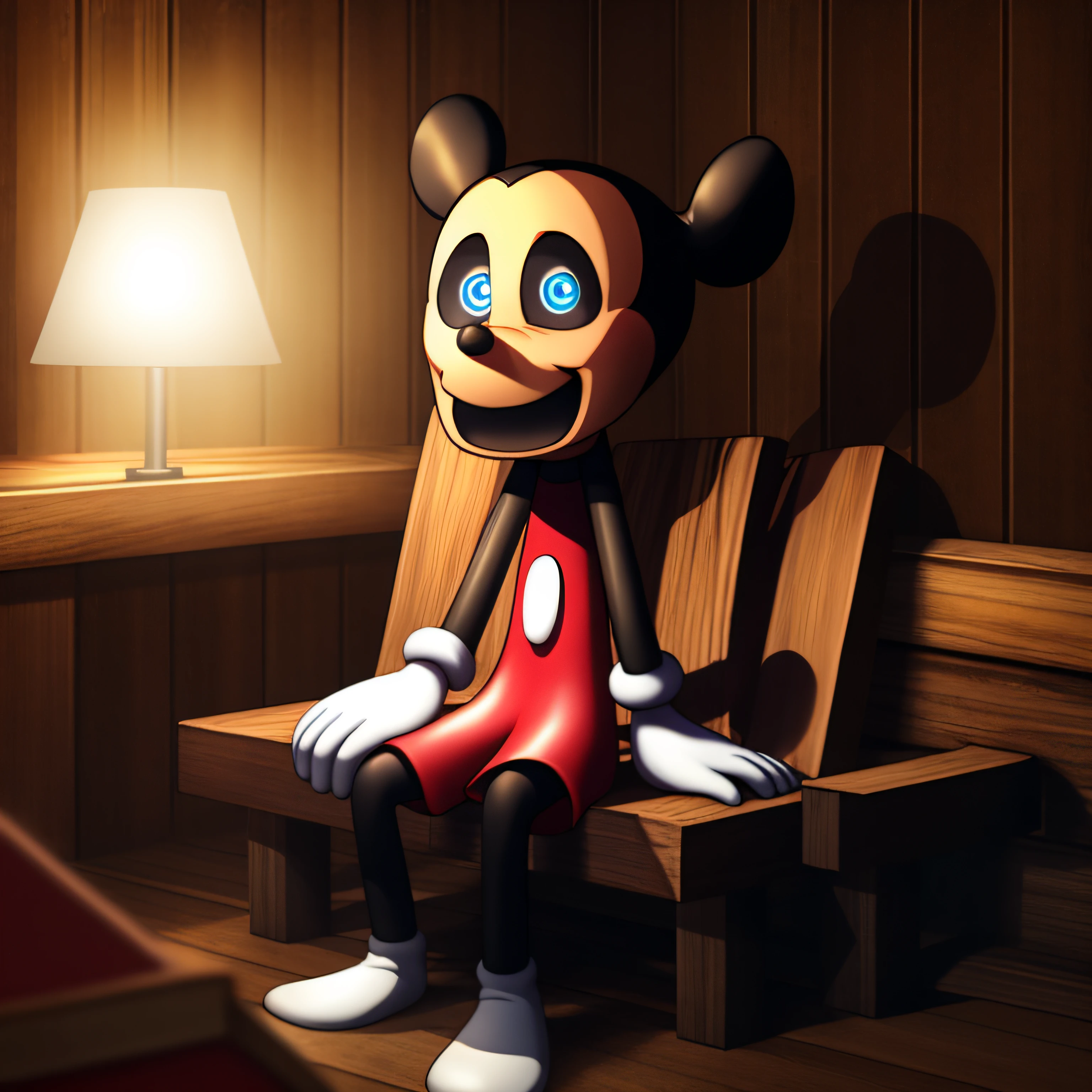 Mickey Mouse, no legs, legless, missing legs, stump leg, blue eyes, open smile, big and wide mouth, eating a burger, in a cabin, sitting down, in the middle of nowhere