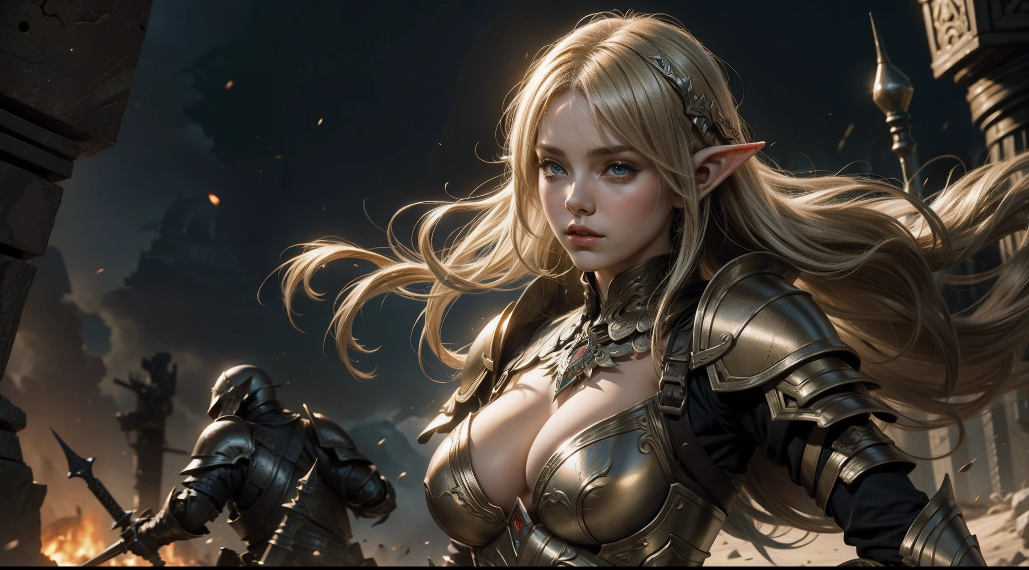 Female elf,Large breasts,Heavy armor,complex patterns,The background is the battlefield,Fighting posture,Mid-range portrait