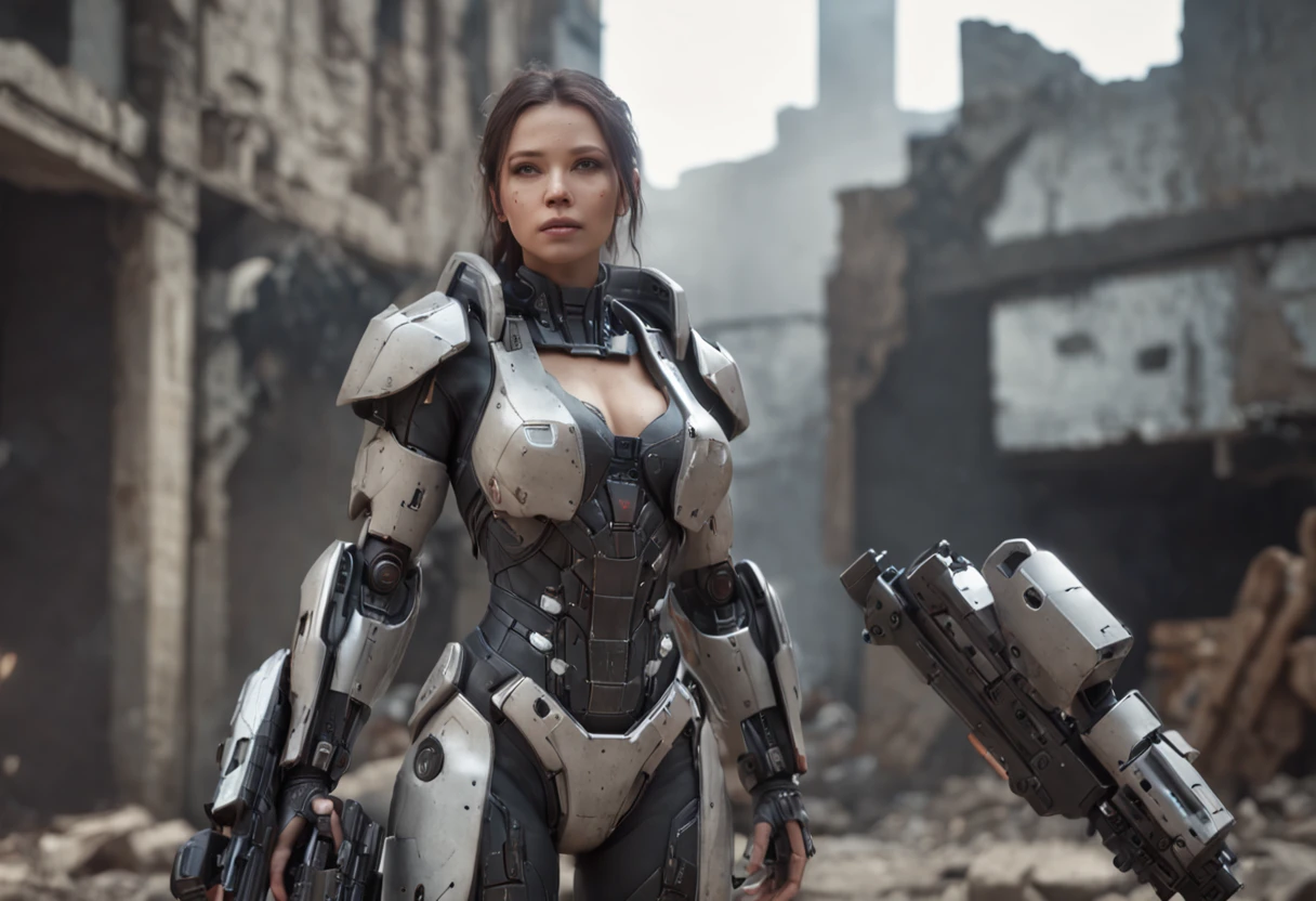 (Best Quality)), ((Masterpiece), (Very Detailed: 1.3), 3D, Shitu-mecha, Beautiful cyberpunk woman with her mech in the ruins of a city in the forgotten war, Ancient technology, HDR (High Dynamic Range), ray tracing, NVIDIA RTX, Super Resolution, Unreal 5, Subsurface Scattering, PBR Texture, Post Processing, Anisotropic Filtering, Depth of Field, Maximum Sharpness and Acutance, Multilayer Texture, Albedo and Highlight Maps, Surface Shading, Accurate simulation of light-material interactions, perfect proportions, octane rendering, duotone lighting, low ISO, white balance, rule of thirds, wide aperture, 8K RAW, efficient sub-pixels, subpixel convolution, luminescent particles, light scattering, Tyndall effect