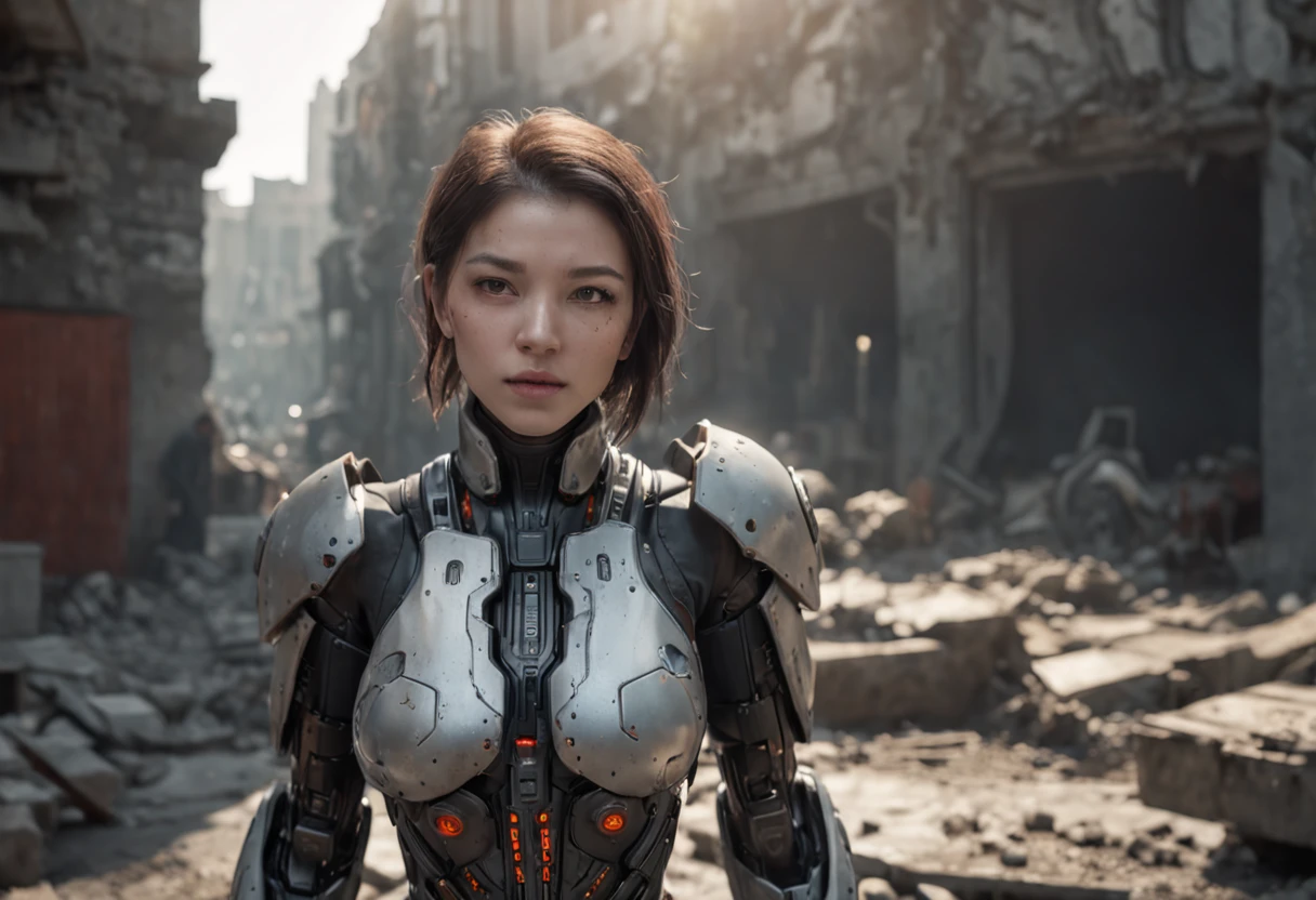 (Best Quality)), ((Masterpiece), (Very Detailed: 1.3), 3D, Shitu-mecha, Beautiful cyberpunk woman with her mech in the ruins of a city in the forgotten war, Ancient technology, HDR (High Dynamic Range), ray tracing, NVIDIA RTX, Super Resolution, Unreal 5, Subsurface Scattering, PBR Texture, Post Processing, Anisotropic Filtering, Depth of Field, Maximum Sharpness and Acutance, Multilayer Texture, Albedo and Highlight Maps, Surface Shading, Accurate simulation of light-material interactions, perfect proportions, octane rendering, duotone lighting, low ISO, white balance, rule of thirds, wide aperture, 8K RAW, efficient sub-pixels, subpixel convolution, luminescent particles, light scattering, Tyndall effect