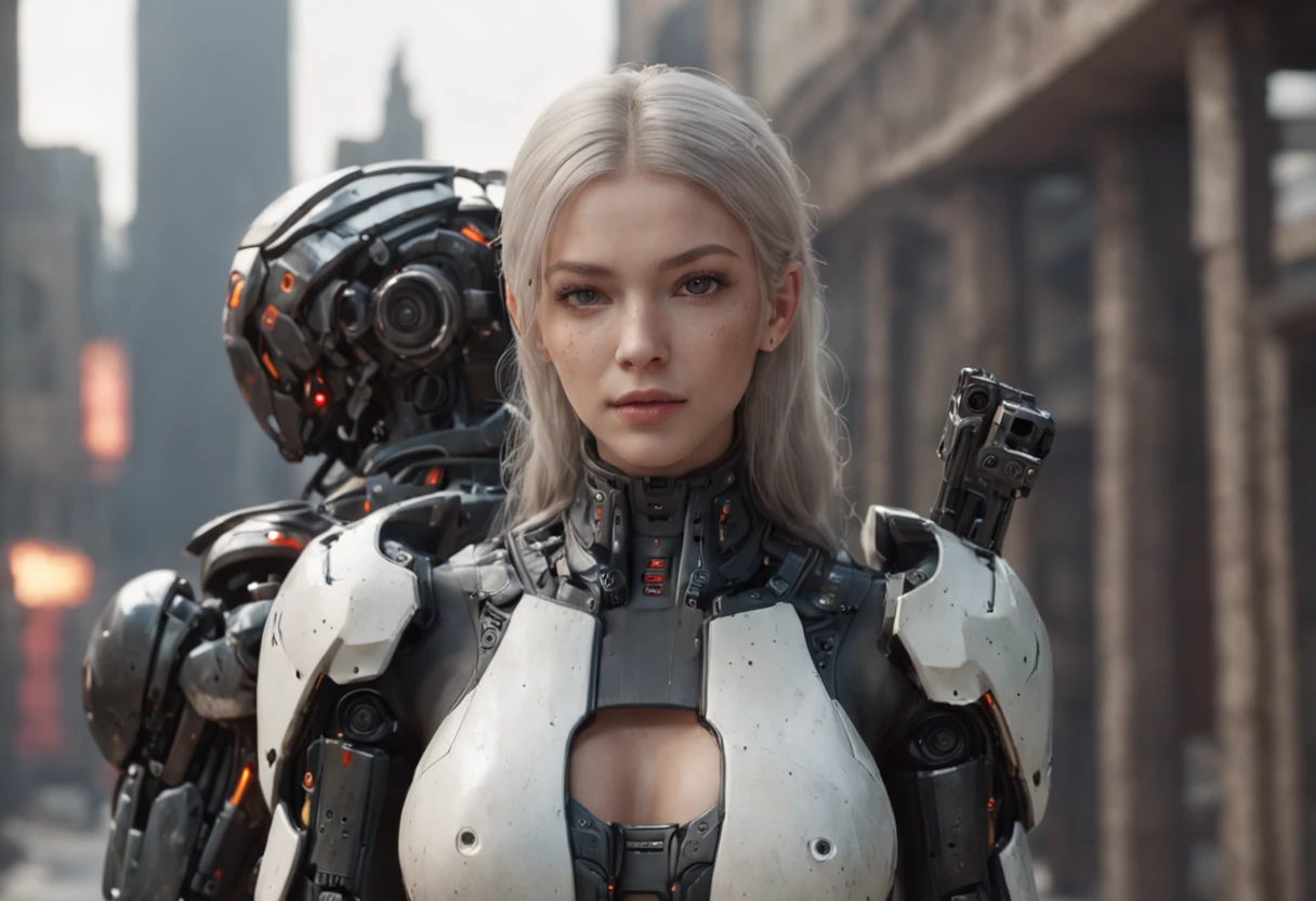 ((Best Quality)), ((Masterpiece)), (Very Detailed:1.3), 3D, Shitu-mecha, Beautiful cyberpunk woman wearing a crown with her mecha in ruins of a city of forgotten wars, streets with mecha in firefight, long silver hair, sci-fi technology, HDR (High Dynamic Range), ray tracing, NVIDIA RTX, super resolution, Unreal 5, subsurface scattering, PBR texture, post-processing, anisotropic filtering, depth of field, maximum sharpness and sharpness, Multi-layer textures, albedo and specular maps, surface shading, accurate simulation of light-material interactions, perfect ratios, octane rendering, duotone lighting, low ISO, white balance, rule of thirds, wide aperture, 8K RAW, efficient sub-pixels, subpixel convolution, luminous particles, light scattering, Tyndall effect