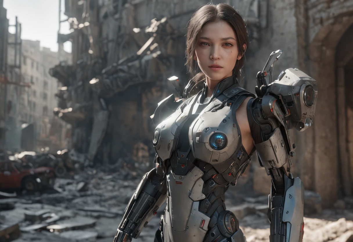 (Best Quality)), ((Masterpiece), (Very Detailed: 1.3), 3D, Shitu-mecha, Beautiful cyberpunk woman with her mech in the ruins of a city in the forgotten war, Ancient technology, HDR (High Dynamic Range), ray tracing, NVIDIA RTX, Super Resolution, Unreal 5, Subsurface Scattering, PBR Texture, Post Processing, Anisotropic Filtering, Depth of Field, Maximum Sharpness and Acutance, Multilayer Texture, Albedo and Highlight Maps, Surface Shading, Accurate simulation of light-material interactions, perfect proportions, octane rendering, duotone lighting, low ISO, white balance, rule of thirds, wide aperture, 8K RAW, efficient sub-pixels, subpixel convolution, luminescent particles, light scattering, Tyndall effect