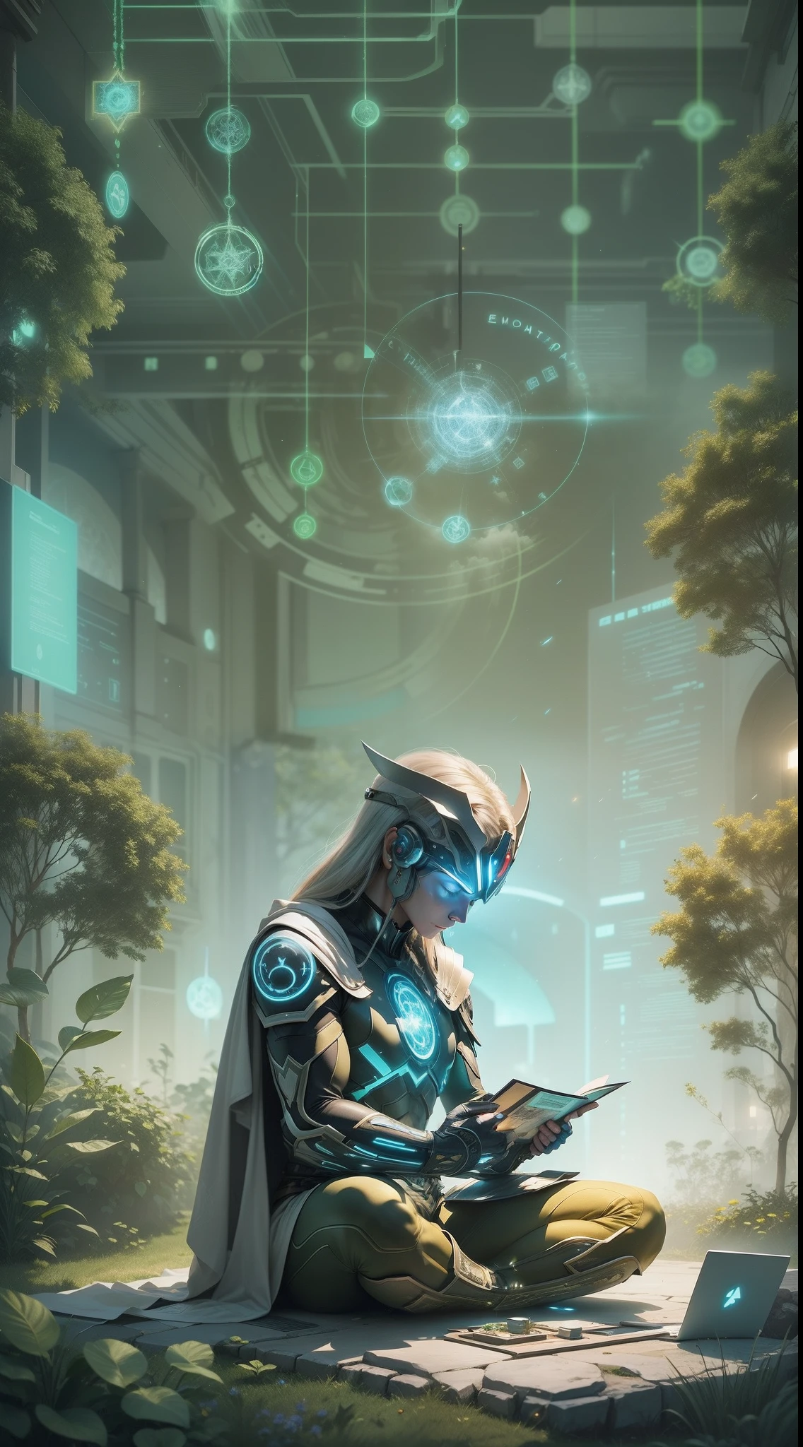 Techno-Mystical Superhero Awakening studying meditating in a futuristic garden at dawn. Alchemical symbols and technological holograms are suspended in the air around you, representing the convergence between the mysteries of the past and the possibilities of advanced technology