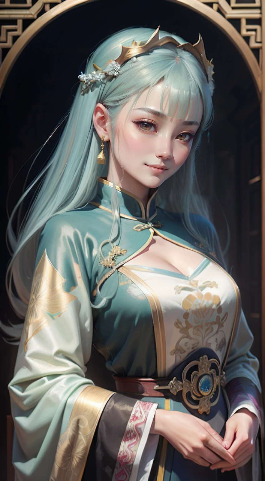 high high quality，tmasterpiece，tmasterpiece，Delicate facial features，Delicate hair，Delicate eyes，Delicate colored hair，4k画质，Brilliant light and shadow，Dingdall effect，Halo，Messy hair，Young state，Gorgeous scene，Beautifully dressed，锁链，Dotted emerald headdress，Ancient Chinese beauties with big eyes are very detailed，digitial painting，art  stations，concept-art，Clear focus，illustratio，The art of Greg Rutkowski and Alphonse Mucha and Victo Ngai，A woman dressed in Qing Dynasty court costumes，Smile lips，ssmile