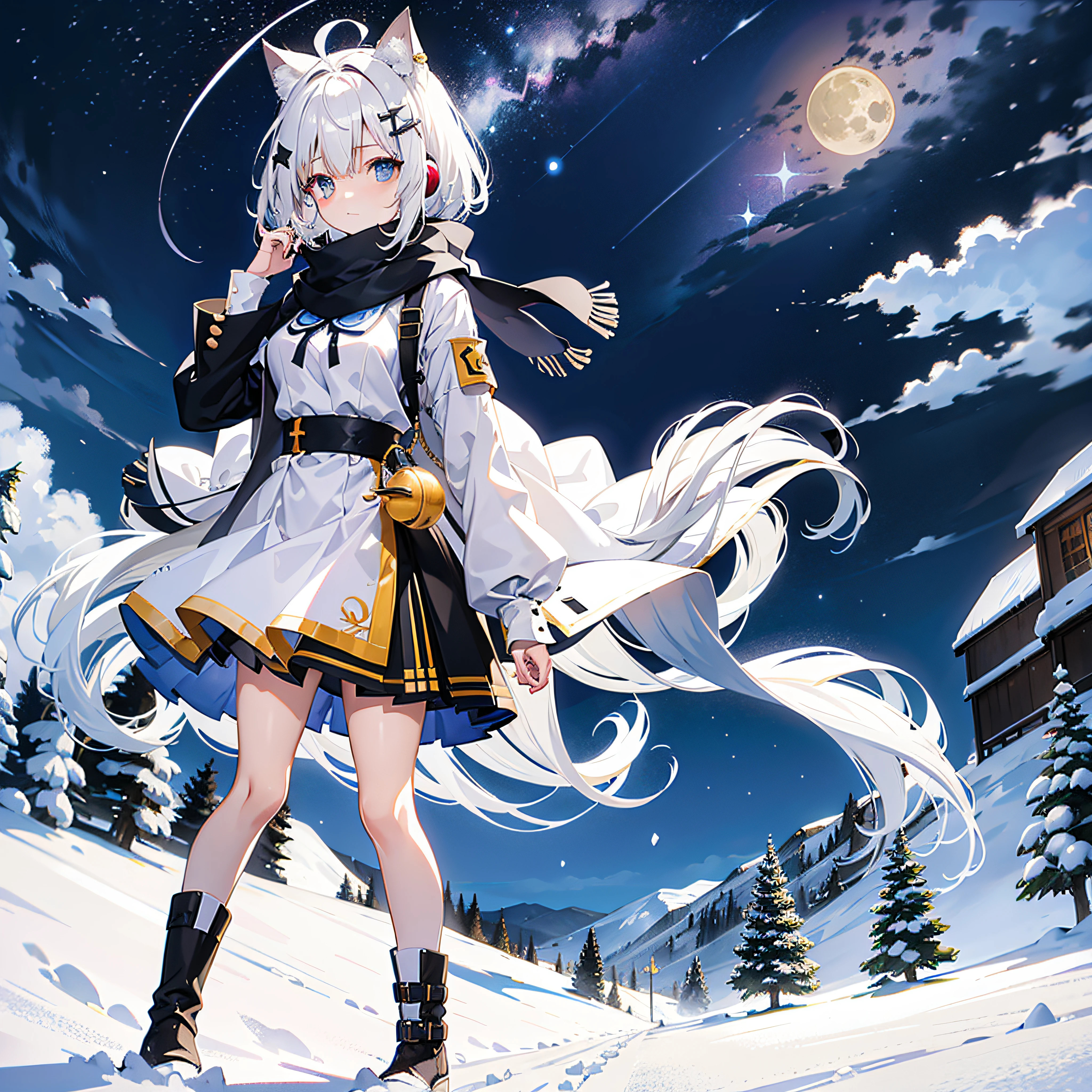 White hair, Gradient hair, ahoge, hair between eye, crossed bangs, Dull hair，hair pin, Hair ribbon, hair adornments, ribbon, Bell, Earphone, bow hair band, snowflake hair ornament, Pupil of the slit, cat ear, thoughtfully, Full body like, sitted, wearing boots, Wearing a short skirt of pure cotton,Skirt knee-length， chiquita, flatchest, The chest is flat，Undeveloped breasts, Bring a scarf, mid - length hair,Long boots, Winters，Behind her is a snowy mountain，The night sky is full of stars，The moon is shining，anime big breast, hyper HD,16k, A high resolution，