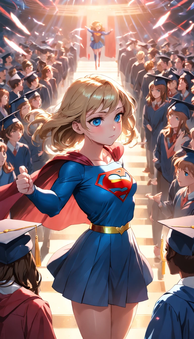 Supergirl with graduation cap and a group of classmates