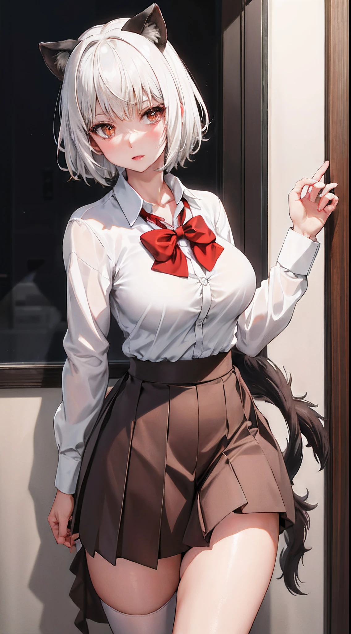 masterpiece, best quality, highres, 1girl, solo, animal ears, white hair, short hair, brown eyes, tail, large breasts, school uniform, white shirt, skirt, bowtie, red bow, standing, upper body