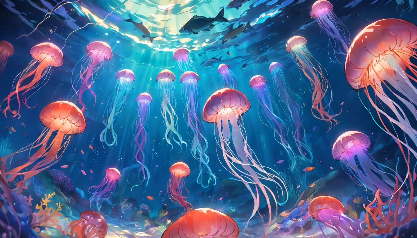 fish flocks、jelly fish、ocean floor、coloured with lots of colour、Brilliant light、