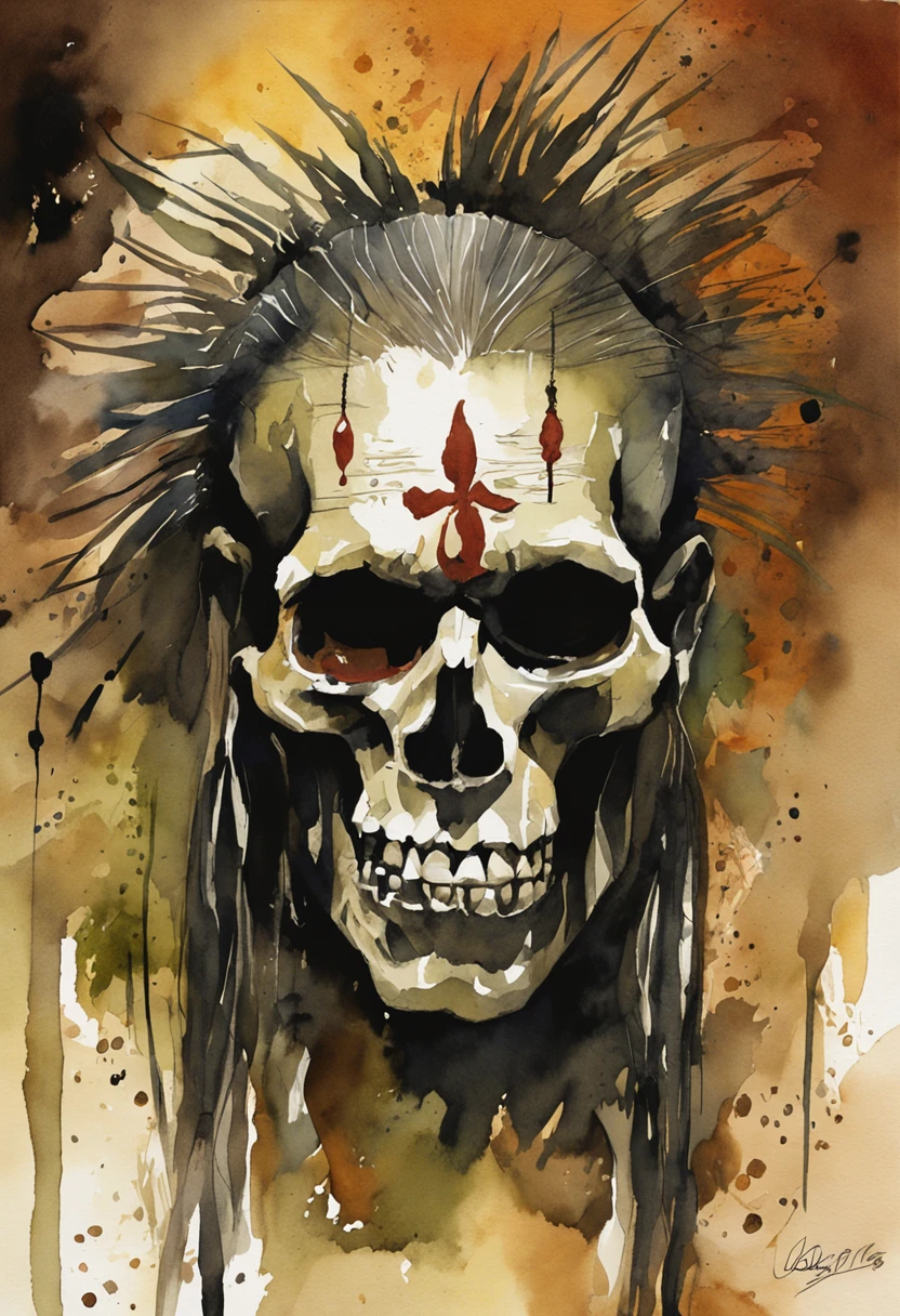 masterpiece, top quality, best quality, highest quality, highest detailed, Simon Stlenhag Style, hmvi style, close up, Ink art of a monster, dressed as an Indian Cheif in the wild west, iron maiden poster 1988, full-color illustration, an airbrush painting,(head dress:1.2)