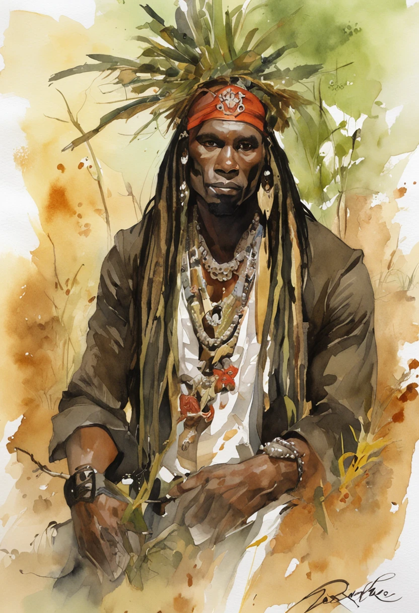 ((masterpiece:1.4, best quality:1.2)), a voodoo priest, swamp, dreadlocks, skulls, artwork portrait, adam hughes.