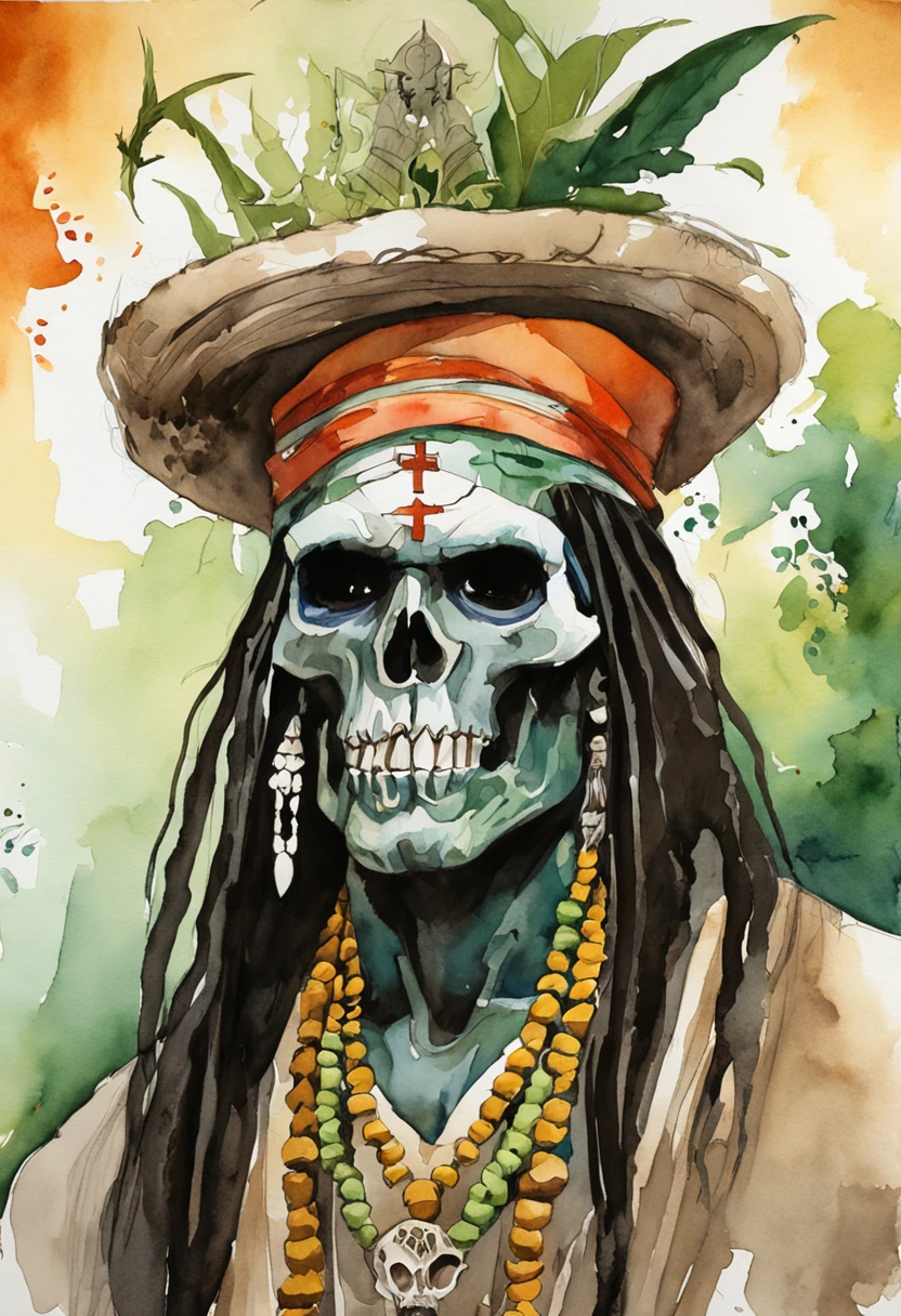 ((masterpiece:1.4, best quality:1.2)), a voodoo priest, swamp, dreadlocks, skulls, artwork portrait, adam hughes.