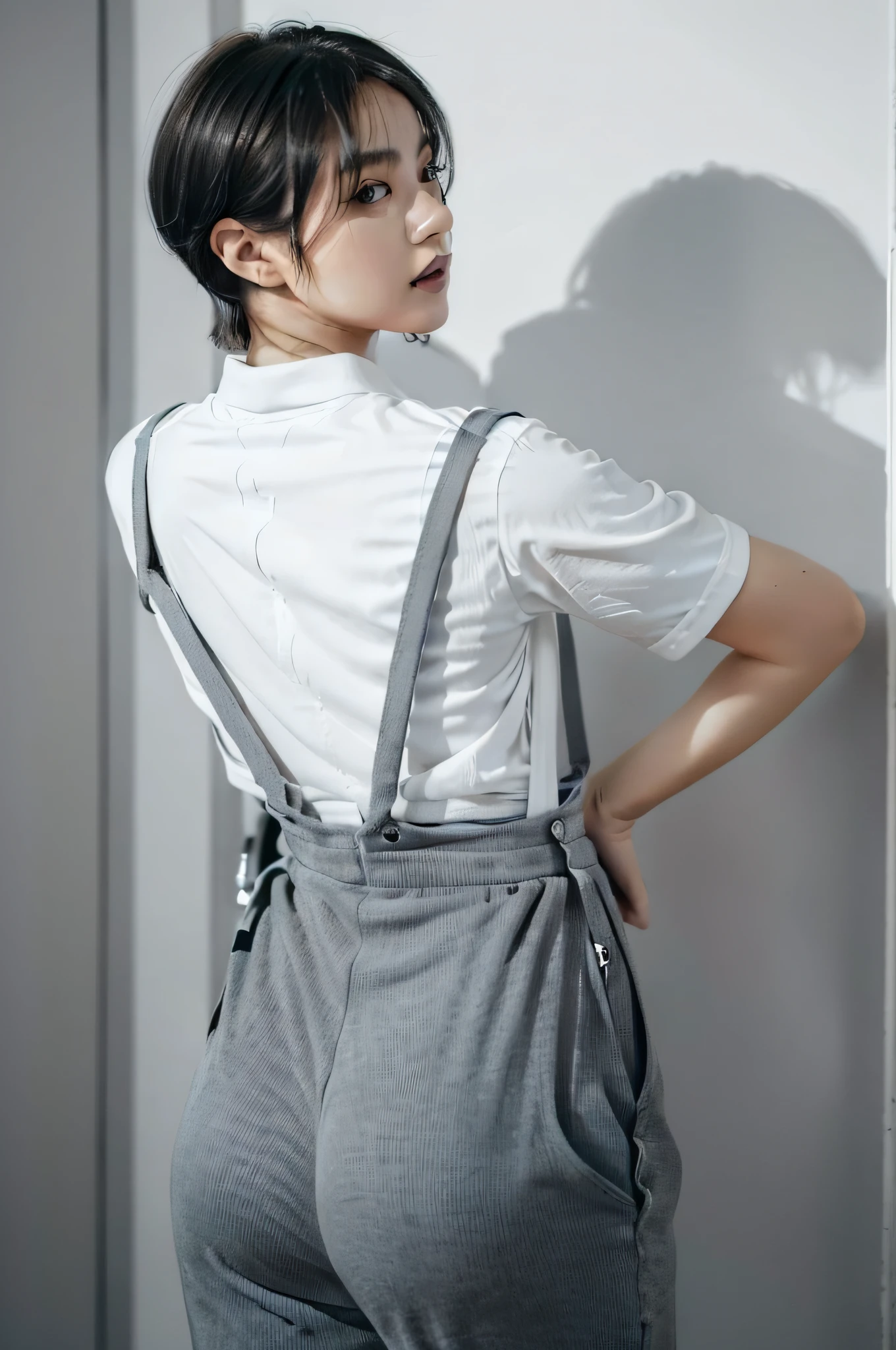 best quality, (photorealistic:1.4), 1girl, (black shirt:1.2),  (grey long pants:1.2),(white suspenders:1.4), perfect female figure, full body, from back, white background, short hair, slim