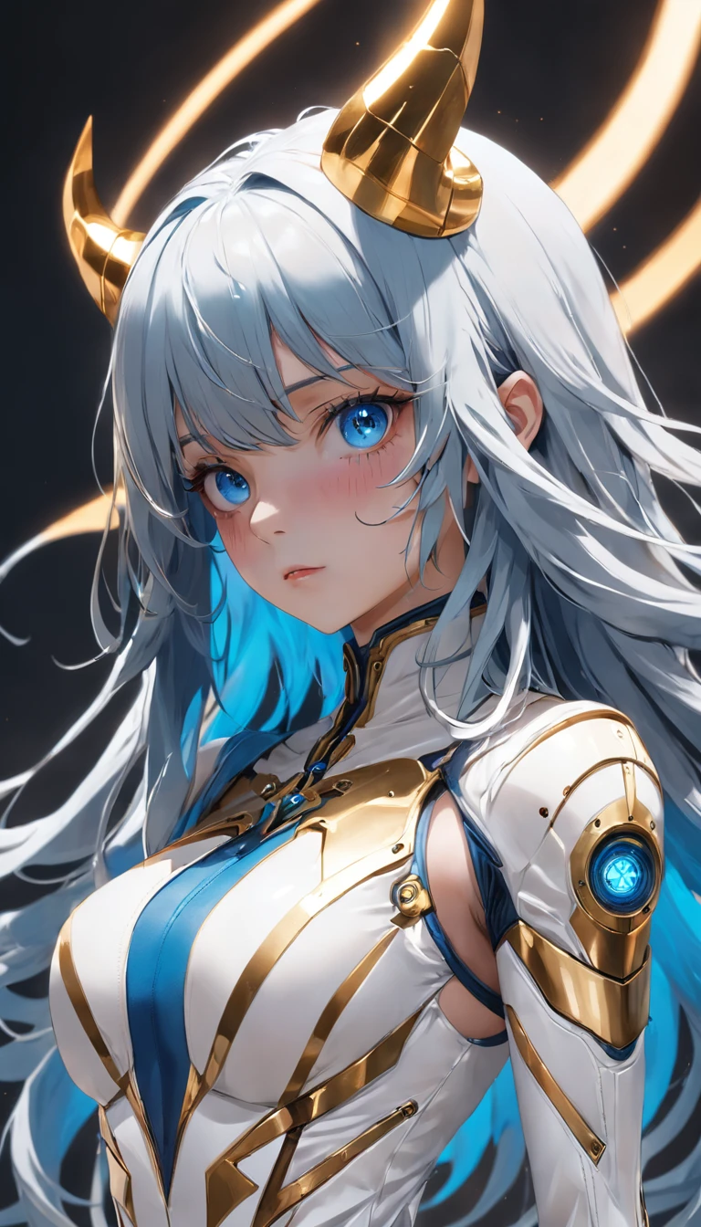 A girl with long blue hair in a white darkwave style suit with gold details and a devil mask,Estilo Darkwave,retrato de medio cuerpo,centrado,HDR,8k,hiperrealista,hermoso estudio de luz suave,detalles vibrantes,Anatomical,elegante,foco nítido,Foto de estudio,tendencias en Artstation,hiper detallado,filtro polarizador