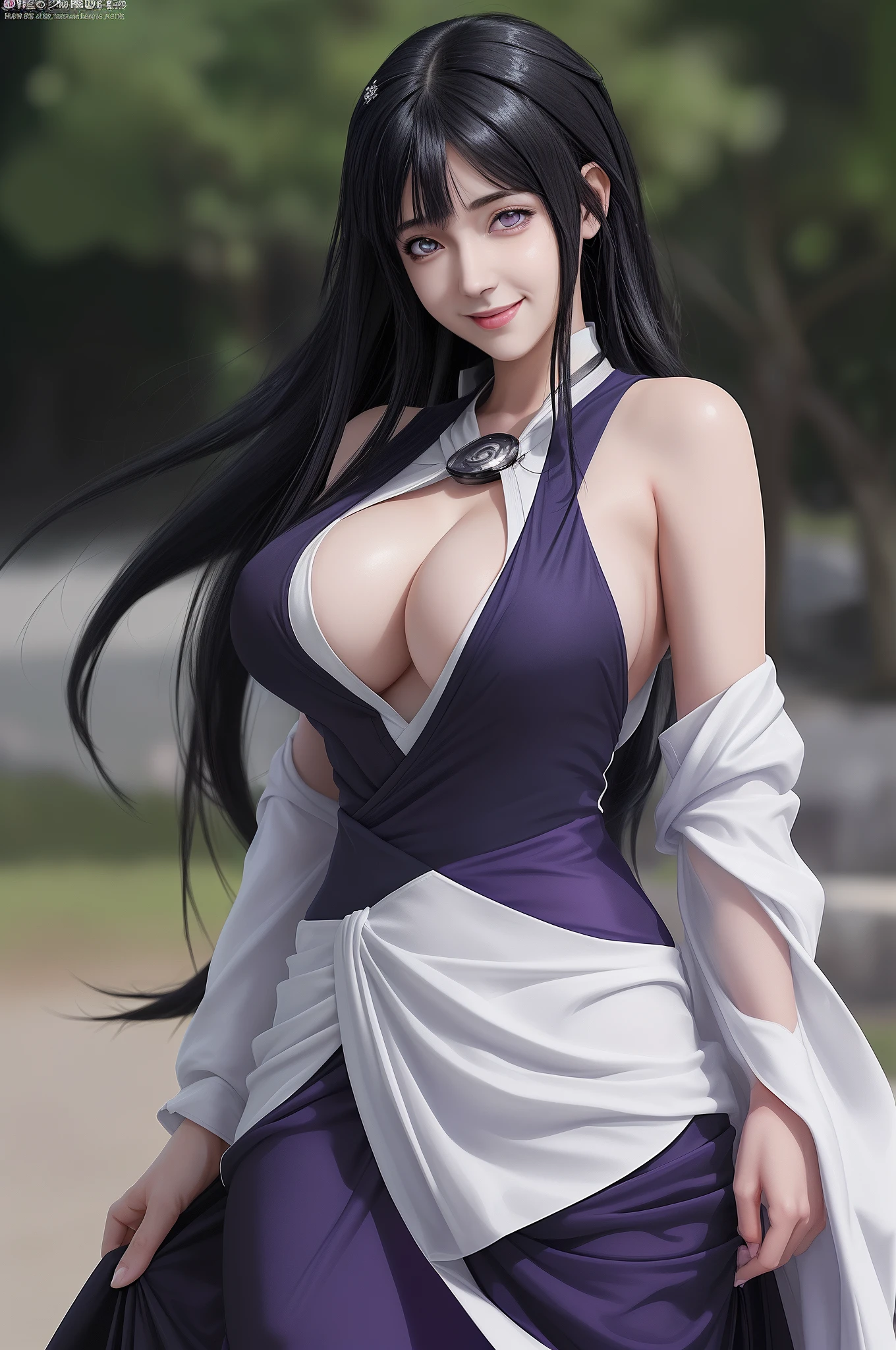 1girl, hyuga hinata in anime naruto, long hair, black hair, white eyes, smile, beautiful, sexy dress, sexy clothes, purple clothes, very big breast, realistic clothes, detail clothes, outdoor background, ultra detail, realistic