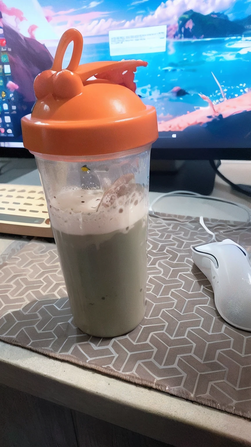 There is a cup with a lid on the table next to the computer, soymilk, spilled milk, infused with zerg hydralisk, vanilla smoothie explosion, on amino, thicc build, drink milkshakes together, puddle of milk, soey milk, inadequate light, next to a cup, loputyn and matcha, full of greenish liquid,Hell Space,The demons,tentaculata,an octopus,The eye