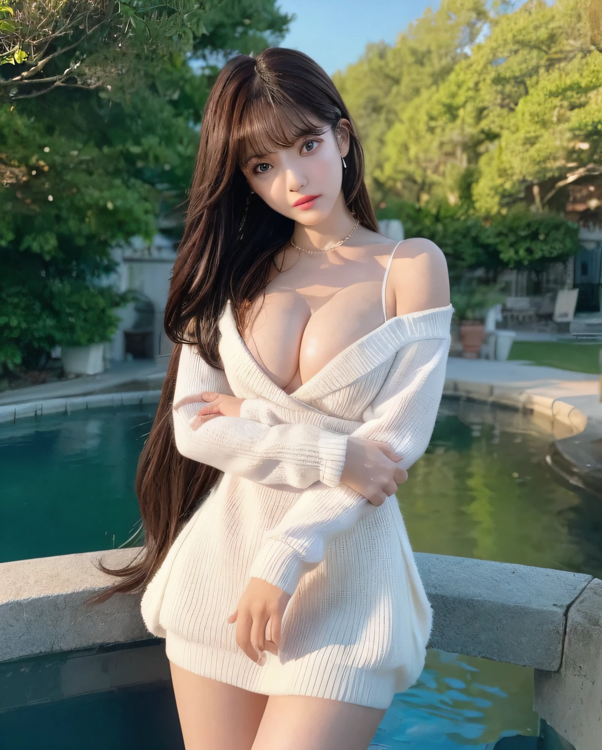 pureerosface_v1, best quality, photorealistic, 8k, high res, 1girl, woman, (skindentation), (portrait:0.6), gorgeous, dynamicpose, ((poolsidebackground:1.6)), coconut tree, ((mediumsize roundbreast, white highnecksweater:1.4)), straight-looking at viewer:1.8, (1girl eyes looking at viewer, medium-length hair,  brownhair, partedbangs:1.65), (bokeh), (closed mouth:1.46),