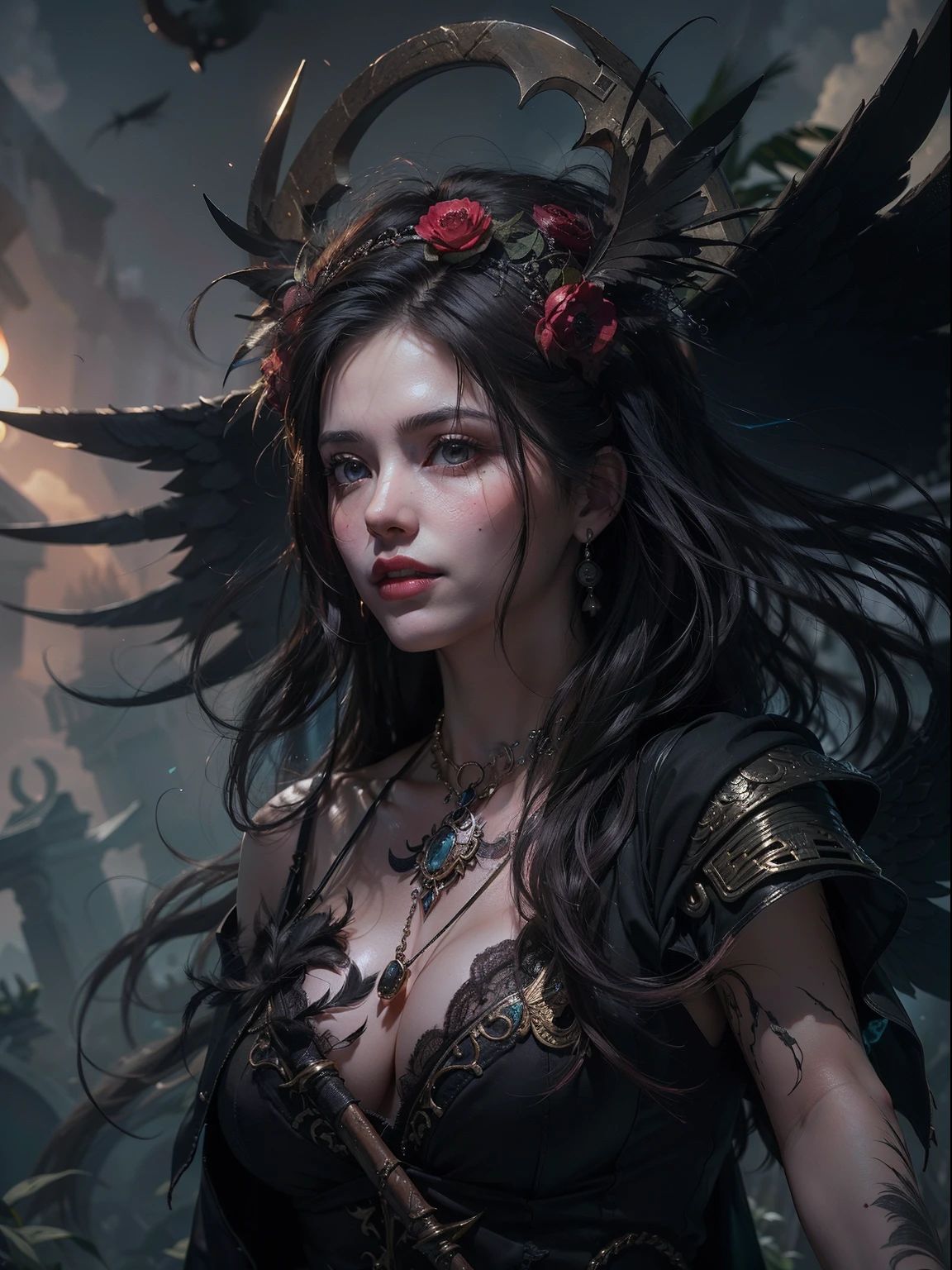 (Numerous award-winning masterpieces of, With incredible details, textures and maximum detail), (Ultra photo realsisim:1.4), (Realistic:1.3), (Whole body image:1.7), (up of the upper body:0.3), (best quality real texture skin), (finely detailed true circle eyes), (A beautiful face that is delicate and delicate:1.4), (Aesthetic and decadent image:1.5), ((medieval world)), (shinigami:1.4), (icy look in the eye), (A wicked smile appeared on her face，But the eyes did not smile:1.3), (It held a soul harvesting scythe in his hand。:1.5), (Sacks containing harvest souls，Exudes a faint glow:1.5), (Eyes that glow red in the dark), (Dramaticlight), Sacrificial altar, (A majestic sight), (The magic array of the ominous light:1.3), Her countenance is gentle and beautiful, but somehow terrifying, (large wings，There are rough black feathers behind the shoulders:1.3), (Whole body image:1.7), (Wearing a dark black hooded robe with intricate patterns:1.2), Folded wings, Skull pattern earrings, (The second is the Skeleton Reaper: 1.3), (((Dramatic photo))), (Twilight), (Sunset), (Dusk), ((dramatic pose)), (flamboyant photo), (Golden hair), (Silver hair), (Maroon hair), ((head looking up)), ((Looking down)), (Whole body image:1.7), (Around her neck is a simple necklace of exquisite workmanship), The forgotten graves are overgrown with vegetation, necropolis, Underground labyrinth, Evil Temple Ruins, Sacrificial temples, mistic, Ancient Castle Site, Ruins of an abandoned cemetery, Collapsed graves, Backwater Ancient Site, Swamp ruins, Shining majestic cloud masses and sky, salama, epic realistic, Faded, art, (greg rutkovsky:0.8), (Teal and orange:0.4), (Art Station:1.5), Cinematic, ((com cores neutras)), (hdr:1.5), (pastel colour:1.2), ultra - detailed, Dramaticlight, (Intricate details:1.1), the complex background,