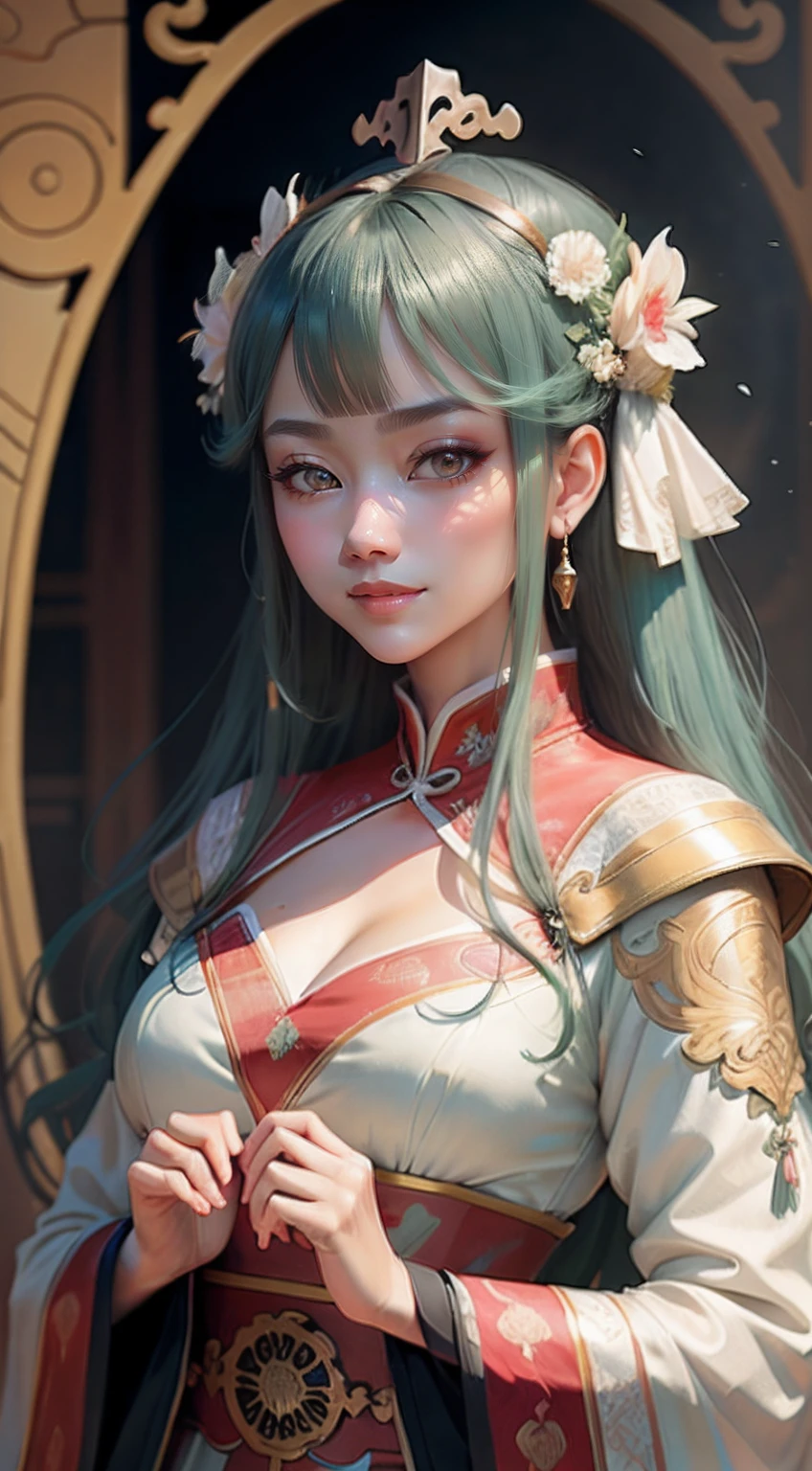 high high quality,tmasterpiece,tmasterpiece,Delicate facial features,Delicate hair,Delicate eyes,Delicate colored hair,4k画质,Brilliant light and shadow,Dingdall effect,Halo,Messy hair,Young state,Gorgeous scene,Beautifully dressed,锁链,Dotted emerald headdress,Ancient Chinese beauties with big eyes are very detailed,digitial painting,art stations,concept-art,Clear focus,illustratio,The art of Greg Rutkowski and Alphonse Mucha and Victo Ngai,A woman dressed in Qing Dynasty court costumes,Smile lips,ssmile