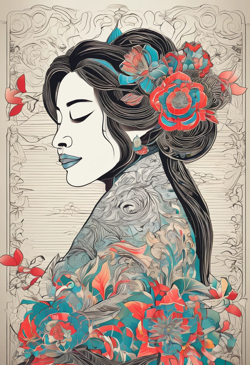 (White background:1.4),(Silhouette of a girl's head, Eyes closed, Colorful long hair, Oriental elements),(Chinese Illustration:1.3,paper art:1.3, Quilted Paper Art:1.2),( Reasonable design, Clear lines, High Sharpness,Best Quality, Very detailed, masutepiece, Movie Light Effects, 4K )