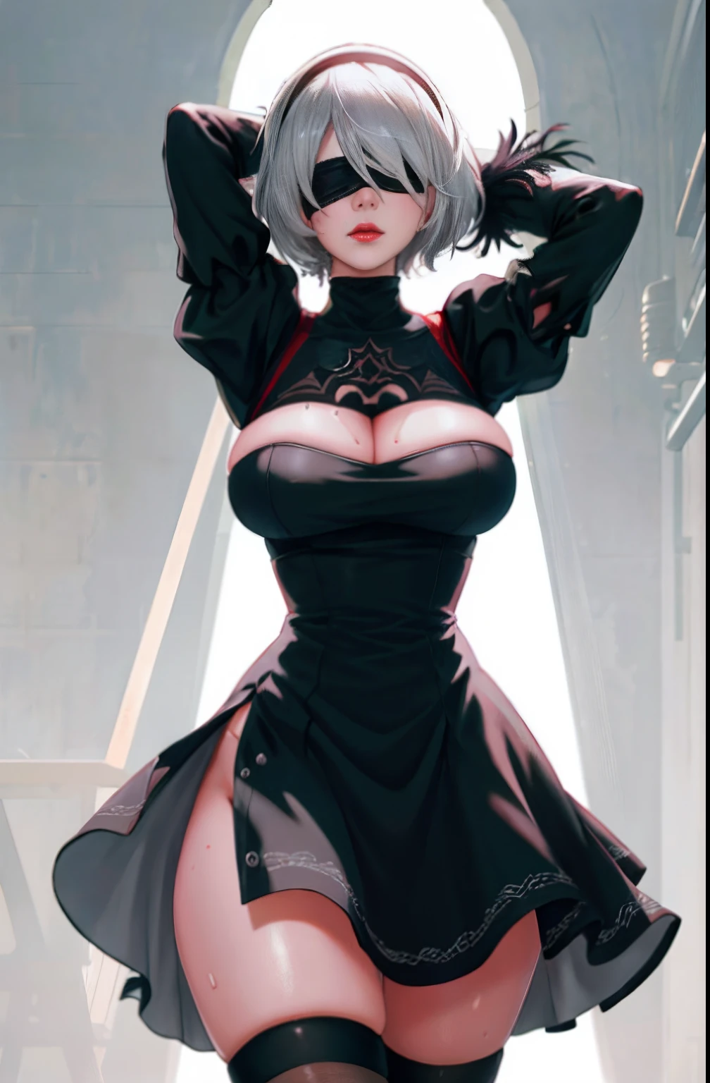 Yorha2b, masterpiece, (photorealistic: 1.4), full body from head to toe top quality, beautiful lighting, 1 girl, mother, (blindfolded)), breasts, cleavage, hair band, hi-res, juliet sleeves, long sleeves, nier automata, red lips (puffy sleeves), shading face, short hair, solo, turtleneck, upper body, gray hair, Sky RAW Photography, 8K UHD, Film Grain, nsfw, red cheeks, wet t-shirt, sweaty,
