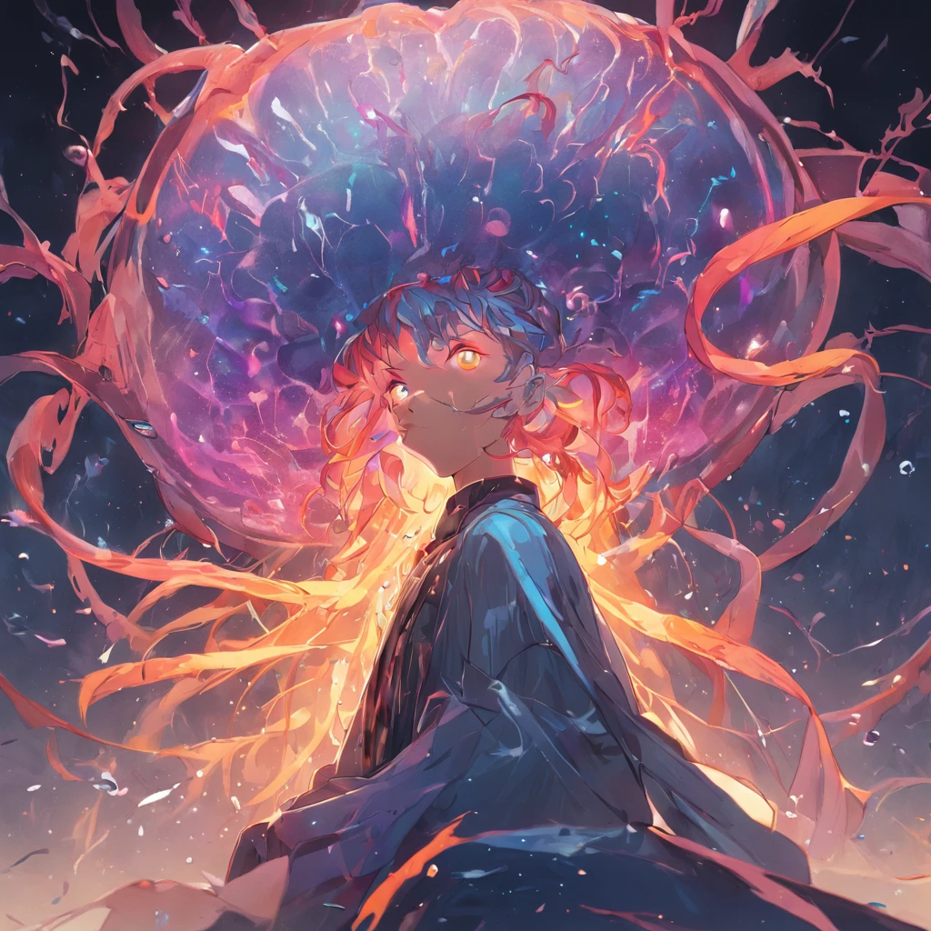 A spirit man who half-turned into a jellyfish, Unreal Engine 5, Cinematic, Color grading, Portrait photography, Ultra-wide angle, Depth of field, Hyper-detailed, beautifully color-coded, insanely details, Intricate details, beautifully color-graded, illusory engine, editorial photography , photoshoot, Shot on 70mm lense, Depth of field, degrees of freedom, 32K, Hyper-Resolution