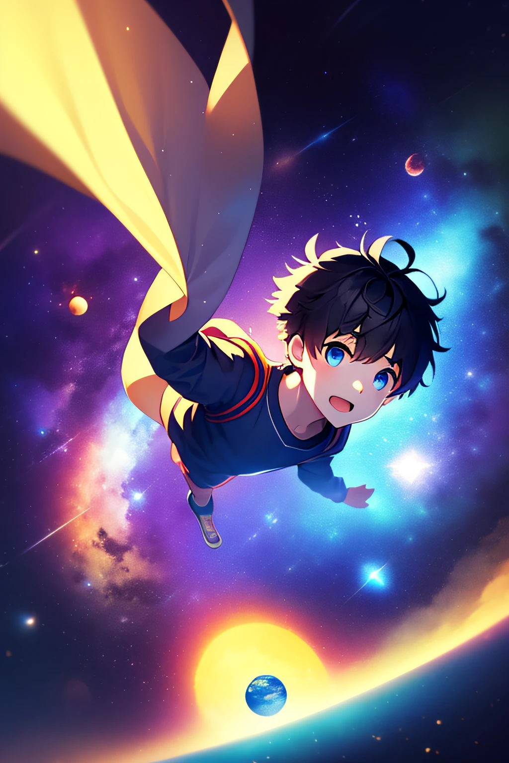 ridiculous resolution, high resolution, (masterpiece:1.4), super detailed, 1boy, seen from above, space, floating, --v 6