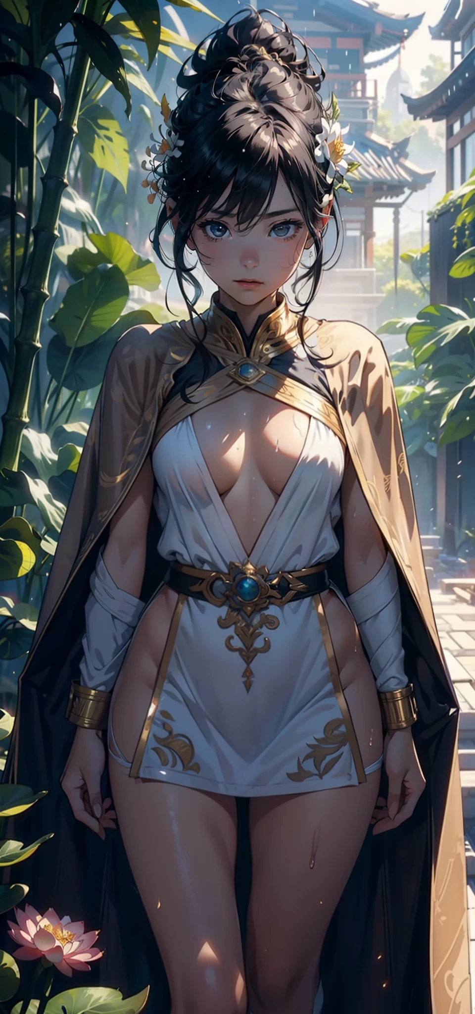 1female，Small li，smallunderboob ，Pornographic exposure， 独奏，（Background with：bamboo forrest，lotuses，lotus flower，exteriors，） She has short black hair，bobo head，Sweat profusely，drenched all over the body，seen from the front， hair straight， mostly cloudy sky，（（（tmasterpiece），（Very detailed CG unity 8K wallpaper），best qualtiy，cinmatic lighting，detailed back ground，beatiful detailed eyes，Bright pupils，Black eyes，（Very fine and beautiful），（Beautiful and detailed eye description），ultra - detailed，tmasterpiece，）），facing at camera，A high resolution，ultra - detailed），，revealing breasts，Bare genitalia，  Bulge，legs are open，Raised sexy，Camel toes，Flushed complexion，Open-mouthed，frontage，White floral headband，Gold Saint Seiya，Supergirl，elearing：Cloak，Black transparent apron，Filigree embroidery，fullnude，with no underpants，Iron Man uniform）