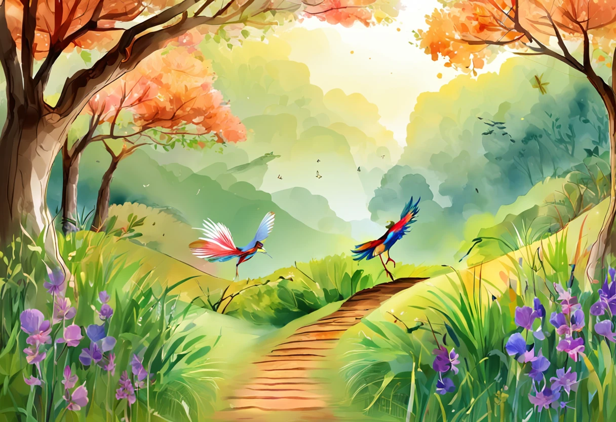 Pixar style minimalist vector image beautiful Yunnan sunrise, A flying peacock，Violets grow in the forest, and an open view of the calm forest, The sun breaks through the horizon，Iridescent rays of light softly permeate the sky