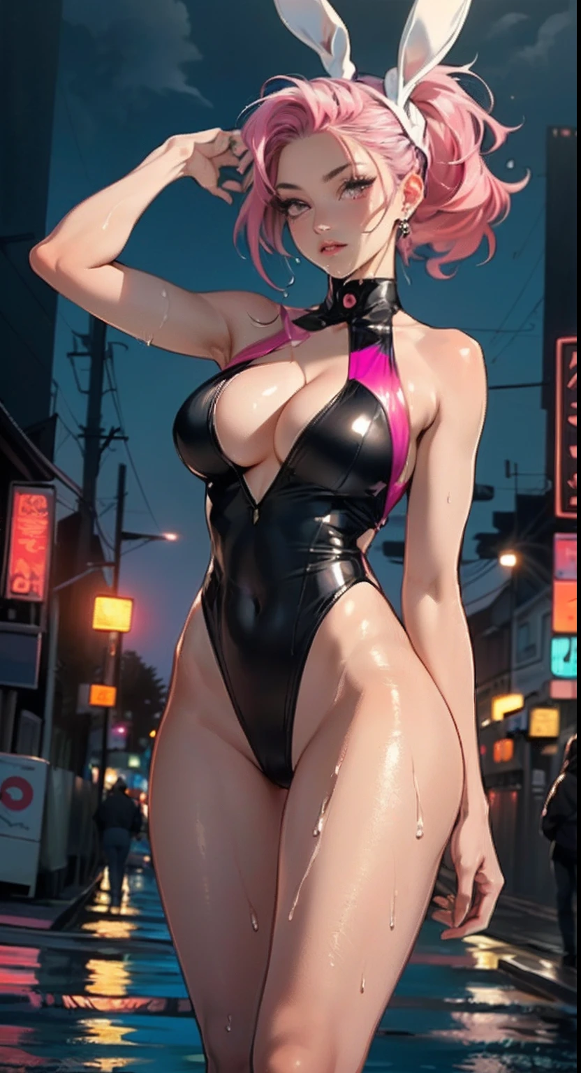 cute bunny girl,(((1girl))),((muscle bunny girl with extremely cute and beautiful magenta hair)),(((bunny girl,anthro furry cute,bunny-girl))),(((bunny ears,bunny ears on head,big bunny ears))),
(large breasts:1.4),saggy breasts,(((magenta hair:1.35,colored inner hair,ear breathing,ponytail hair))),((heterochromia:1.5,eye1 red eye2 magenta,perfect eyes,upturned eyes:1.3,beautiful detailed eyes,finely detailed beautiful eyes:1,big highlight on eyes:1.2,slanted eyes)),((fat)),(((lustrous skin:1.5,bright skin: 1.5,skin tanned,shiny skin,very shiny skin,shiny body,plastic glitter skin,exaggerated shiny skin,illuminated skin,wet legs))),(spider lower abdomen,narrow waist,wide hip,athletic body,inflated legs,delicate detailed fingers,detailed body,human hands,(detailed face)),muscular,muscular girl,abs,
cute,slutty,seductive,erotic,(((nsfw))),
(((slingshot swimsuit))),(((huge cleavage))),((wet clothes,detailed outfit,detailed clothes)),
(dynamic pose:1.0),solo focus,embarrassed,(centered,scale to fit dimensions,Rule of thirds),
cyberpunk city by the ocean at night, with bright neon signs and dark stormy clouds and puddles,
High resolution, sharp focus, (ultra detailed, extremely detailed), (photorealistic artwork:1.37), 8k wallpaper,((synthwave background theme)),((vibrant colors)),(intricate),masterpiece,(best quality),