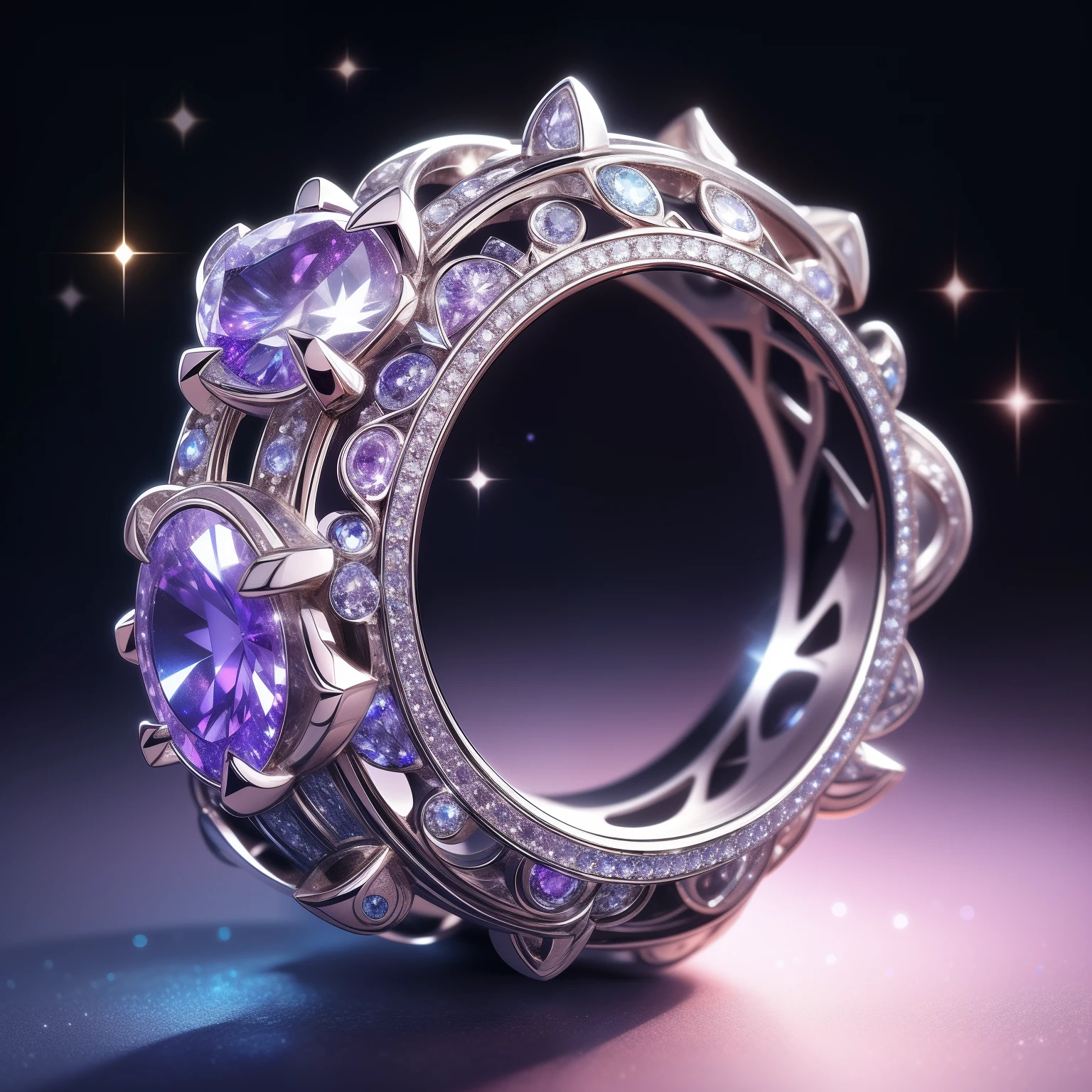 Masterpiece，highest  quality，(Nothing but the ring)，(No Man),Phoenix ring setting，starrysky，Wrapped around the end from beginning to end，Delicate silver ring，Starry sky in the ring,The sheen，inverted image，Sparkling blue-purple gemstones，Elegant and noble,simple backgound