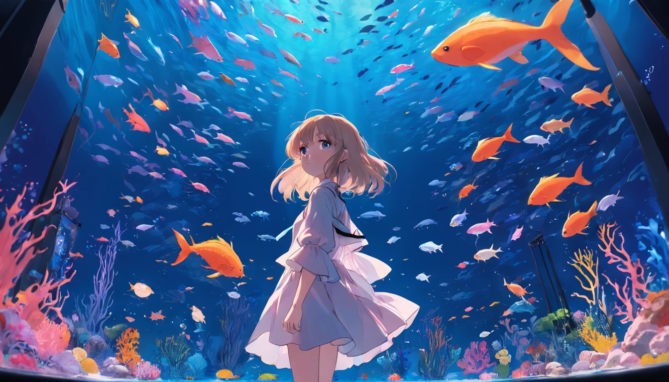 Girl standing in aquarium、fish flocks、ocean floor、coloured with lots of colour、Brilliant light、