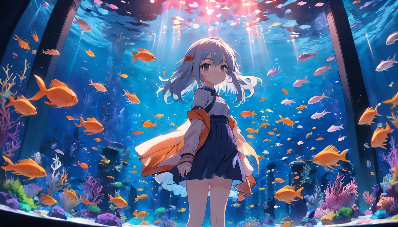 Anime Style、high resolution,((masterpiece:1.2)),aquarium、Aquarium with light streaming in、Beautiful fish、Girl looking at、cute,Wide-angle lens,Unrealistic colors、Rainbow colors