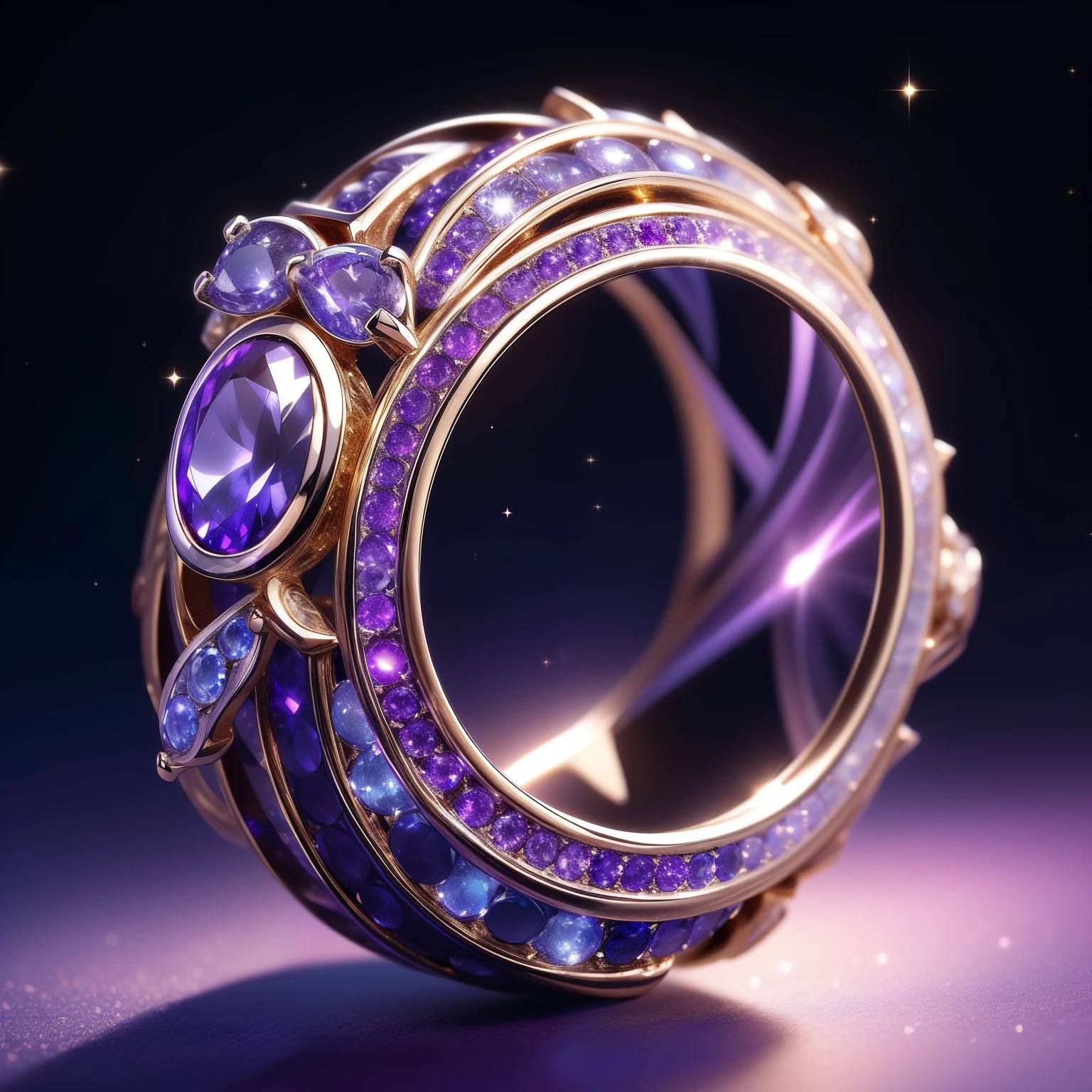 Masterpiece,highest quality,(Nothing but the ring),(No Man),Phoenix ring setting,starrysky,Wrapped around the end from beginning to end,Delicate silver ring,Starry sky in the ring,The sheen,inverted image,Sparkling blue-purple gemstones,Elegant and noble,simple backgound