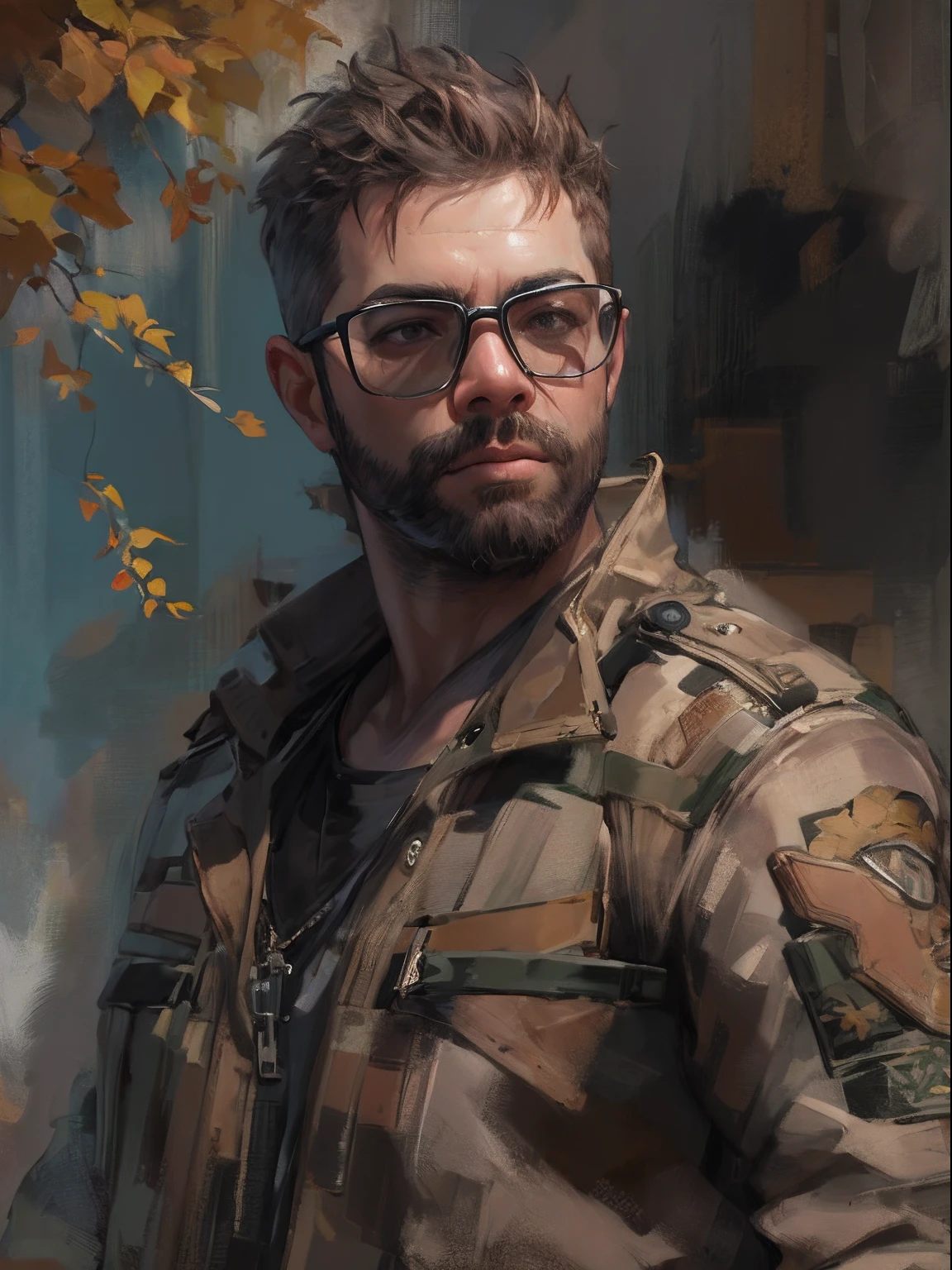 ((PivaArts SD1.5)) obra-prima, melhor qualidade, Foto RAW, 32k, uma pintura de um homem, Beard and glasses with spiked head and camouflaged military jacket, Estilo Craig Mullins, craig mullins dappled lighting, Craig Mullins Greg Rutkowski, inspirado em Craig Mullins, Directed by: Craig Mullins, Craig Mullins Nekro, Craig Mullins Chave Escura, James Gurney Estilo de pintura, Wojtek FUS, Artgerm Craig Mullins, Craig Mullins 8k, Estilo Sigma 150mm, F/3.5.