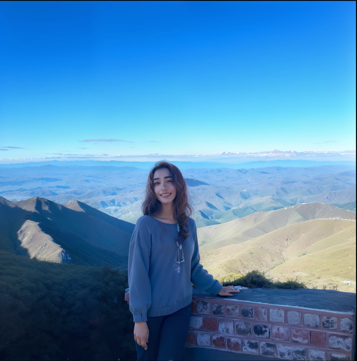 Arafed woman standing on a wall overlooking a mountain range, com montanhas ao fundo, em frente a uma montanha, com montanhas no fundo, com montanhas como pano de fundo, no topo de uma montanha, no topo de uma montanha, Belas vistas, Standing on top of a mountain, Montanhas ao fundo, no topo de uma montanha