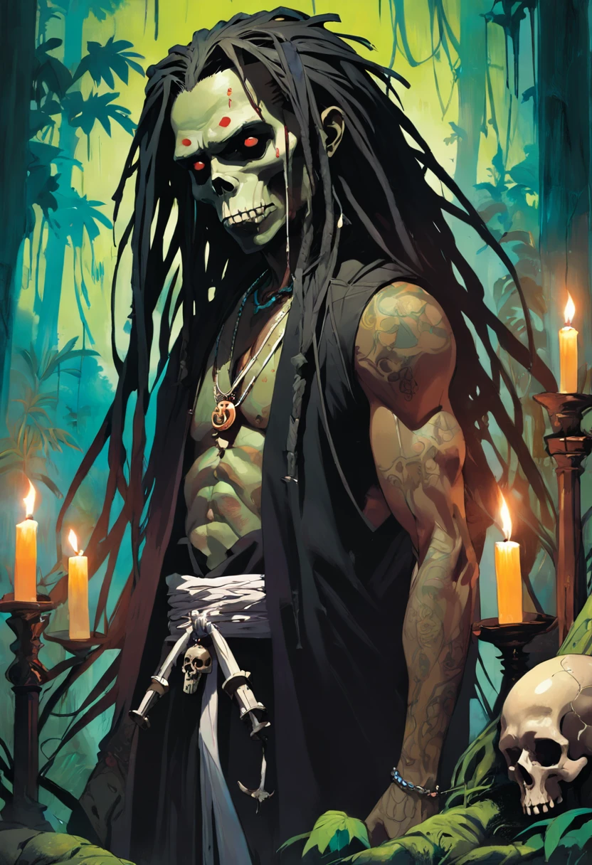((masterpiece:1.4, best quality:1.2)), a voodoo priest, swamp, dreadlocks, skulls, artwork portrait, adam hughes.
