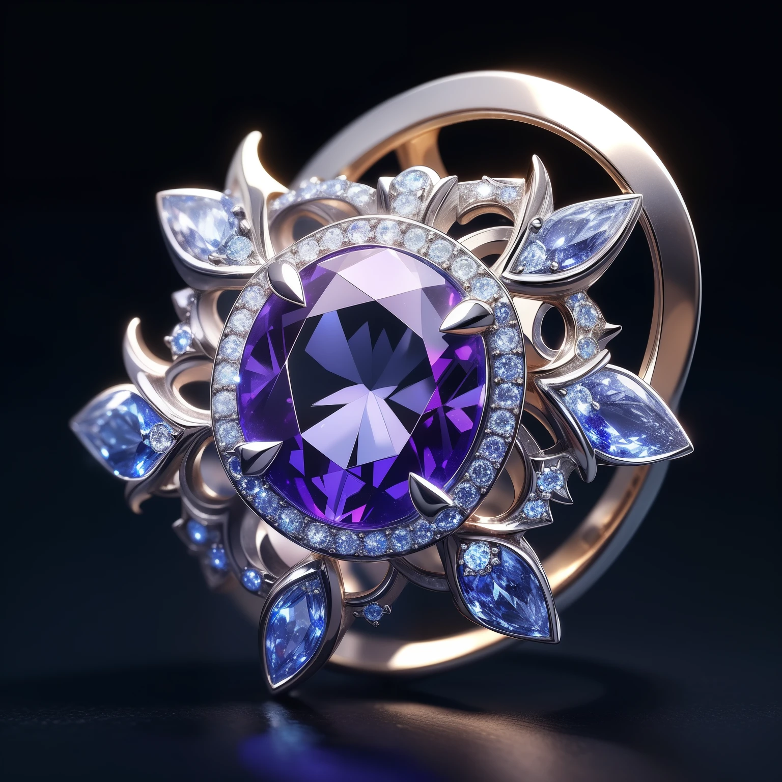 Masterpiece，highest  quality，(Nothing but the ring)，(No Man),Phoenix ring setting，starrysky，Wrapped around the end from beginning to end，Delicate silver ring，Starry sky in the ring,The sheen，inverted image，Sparkling blue-purple gemstones，Elegant and noble,simple backgound