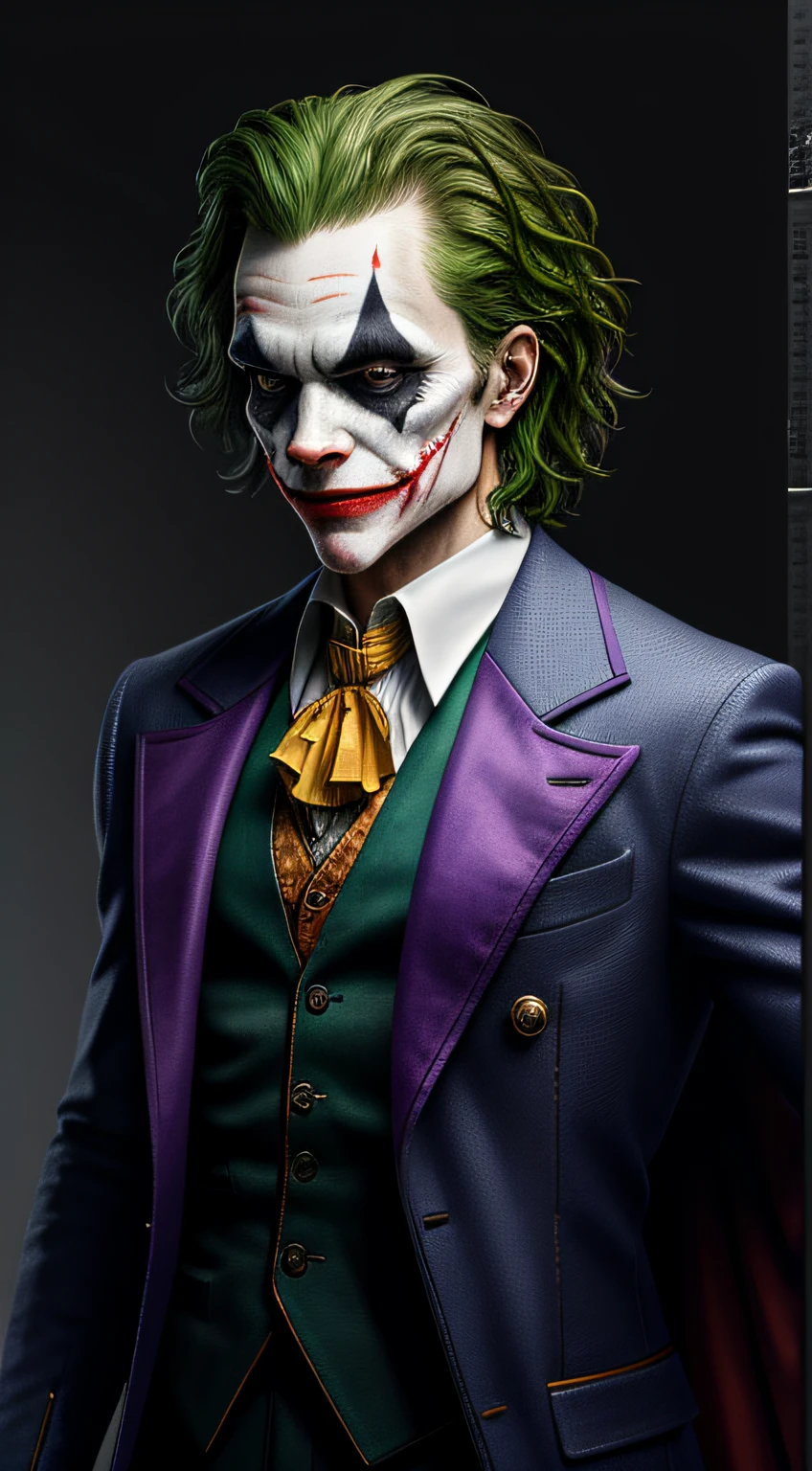 (8k, RAW photo, top quality, masterpiece: 1.2), super detailed, official art, photorealistic: 1.37, chest half body shot, dc joker, film grain, action pose