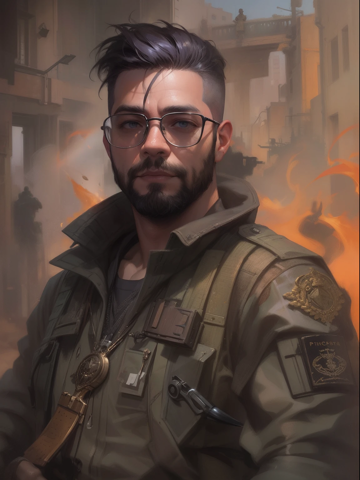 ((PivaArts SD1.5)) obra-prima, melhor qualidade, Foto RAW, 32k, uma pintura de um homem, Beard and glasses with spiked head and camouflaged military jacket, Estilo Craig Mullins, craig mullins dappled lighting, Craig Mullins Greg Rutkowski, inspirado em Craig Mullins, Directed by: Craig Mullins, Craig Mullins Nekro, Craig Mullins Chave Escura, James Gurney Estilo de pintura, Wojtek FUS, Artgerm Craig Mullins, Craig Mullins 8k, Estilo Sigma 150mm, F/3.5.