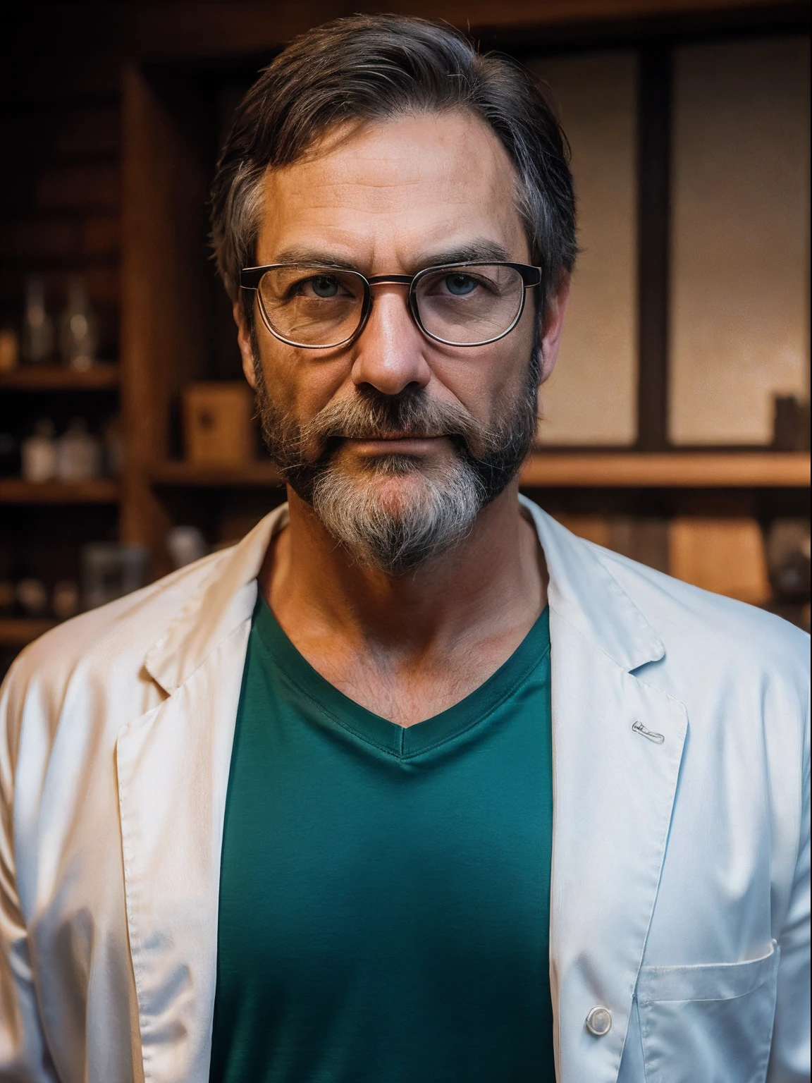 a middle-aged man a professor, detailed skin face, expression wrinkles, woodcutter-style pear beard, green eyes, wear nerd eyewear,silk tshirt inside white lab coat, stiff countenance.facing the viewer, Ultra detailed scene, dslr camera with 50mm Lens, soft studio lighting in lab