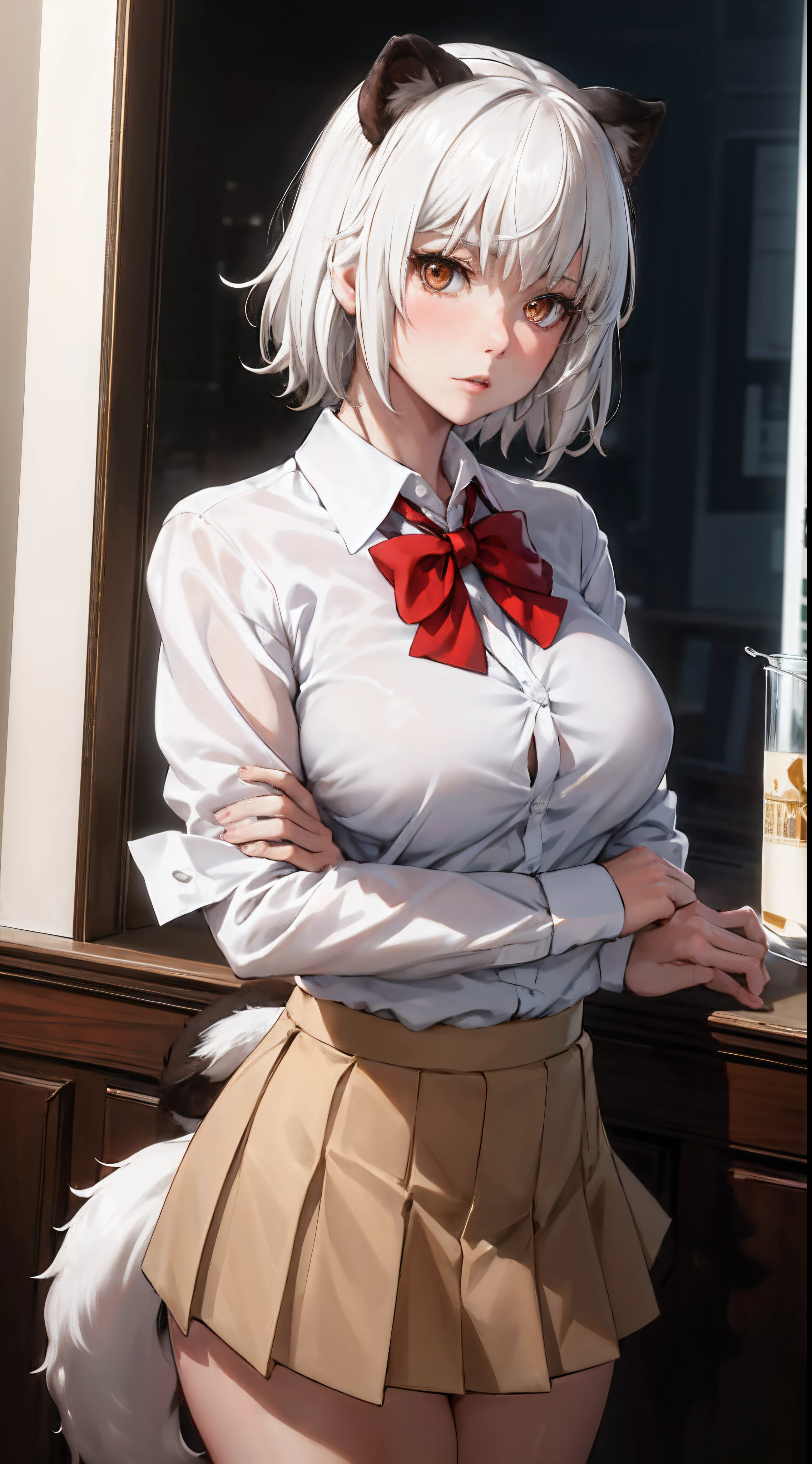 masterpiece, best quality, highres, 1girl, solo, animal ears, white hair, short hair, brown eyes, tail, large breasts, school uniform, white shirt, skirt, bowtie, red bow, standing, ((upper body))