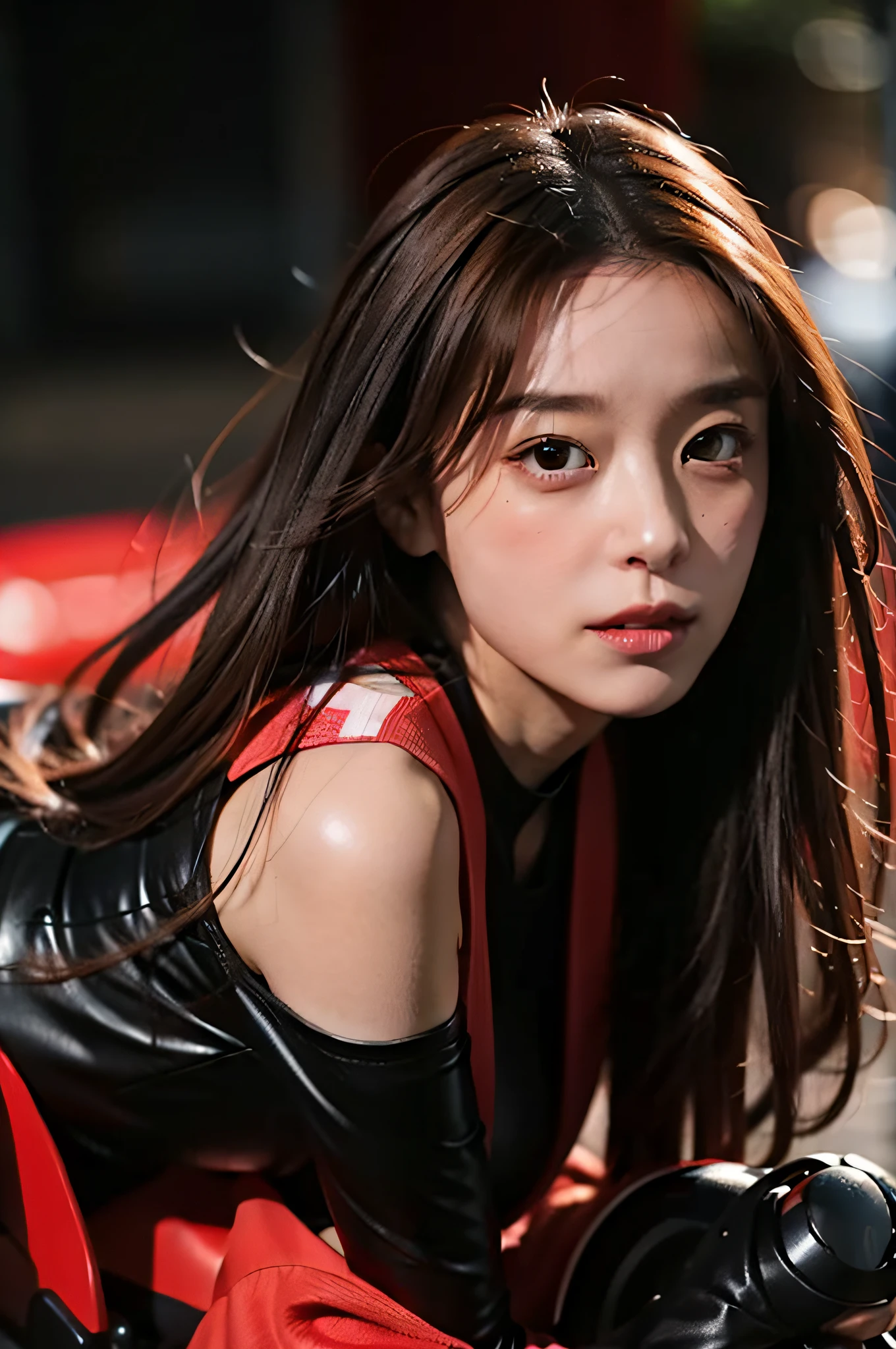 1girl,18 y.o. woman,skintight suit,riding motorbike,matte black and red theme,round eyes, round pupils,long hair,(fully in shot),ginger,BREAK,(((sakura pattern))),ginger