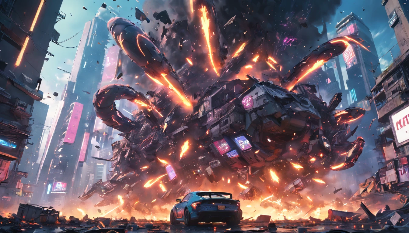 An invasion that fell from the sky, Floating snake mech, populous, ((Dutch camera bug eye view)), wide angles, chaos, Flying particles, Cyberpunk neon environment,Destruction smoke and explosions, Dystopian futurist, Rough and garbage, Photorealistic, (Best quality,Masterpiece), 超高分辨率, 4K, Highly detailed, Epic composition, Game splash screen