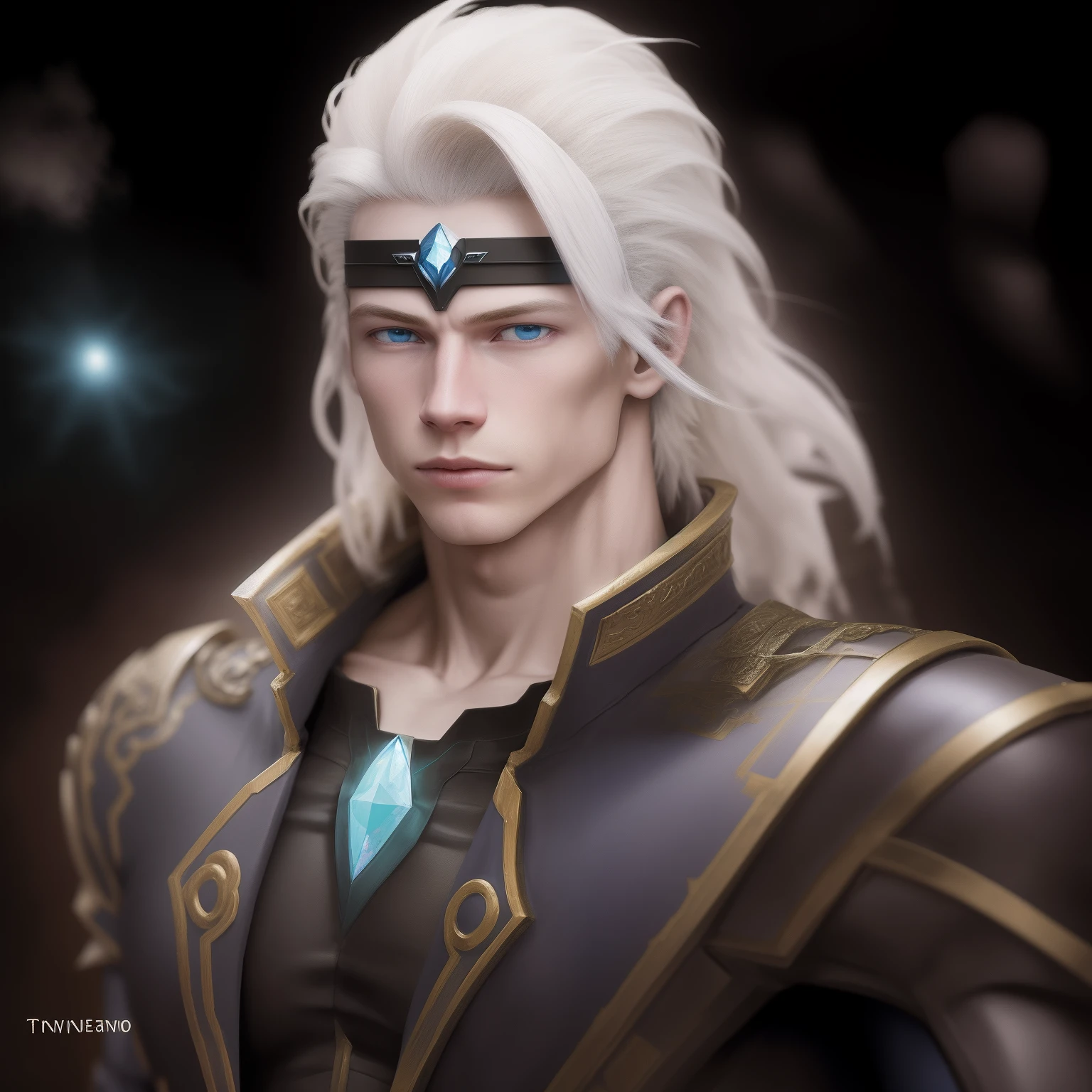 Image of a warrior with pale blue skin, horns and eyes golden like gold