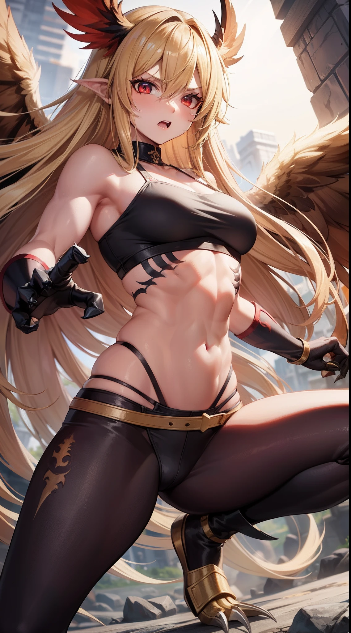 Adult girl, long blonde hair, red eyes, muscles, scars, open belly, brown barbarian top, barbarian pants, claws, battle pose, rage, wings, Masterpiece, hiquality