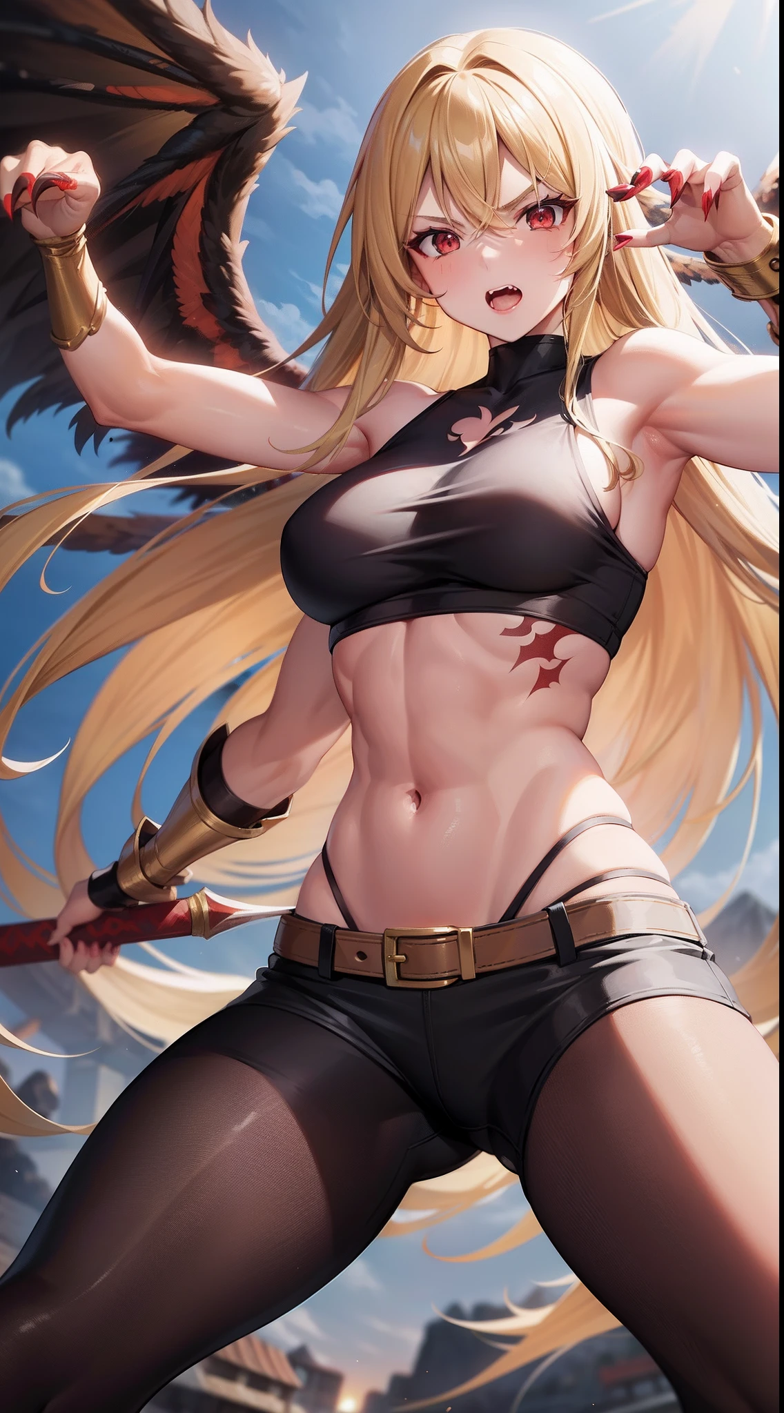 Adult girl, long blonde hair, red eyes, muscles, scars, open belly, brown barbarian top, barbarian pants, claws, battle pose, rage, wings, Masterpiece, hiquality