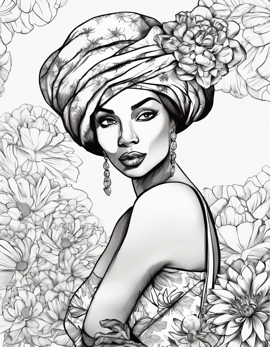 mulher negra com turbante, in black and white with lotus flower on background, em vestido com flores, sua arte de linha de tinta fina, comiс style, Portrait of the magical Marilyn Munroe beautiful line of art, black and white comic style, Manga style, Manga art style, Caricature drawing in pencil and ink, black and white coloring --auto --s2