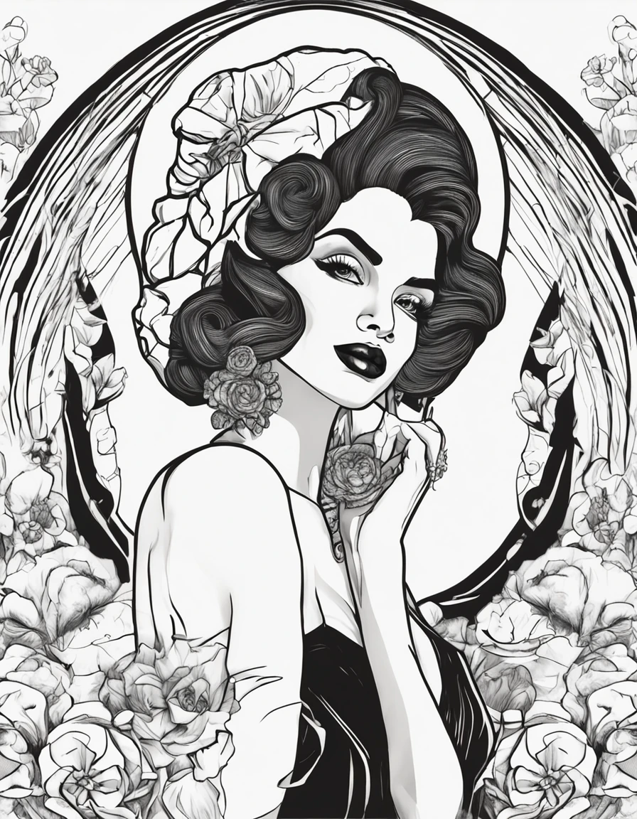 mulher negra com turbante, in black and white with lotus flower on background, em vestido com flores, sua arte de linha de tinta fina, comiс style, Portrait of the magical Marilyn Munroe beautiful line of art, black and white comic style, Manga style, Manga art style, Caricature drawing in pencil and ink, black and white coloring --auto --s2
