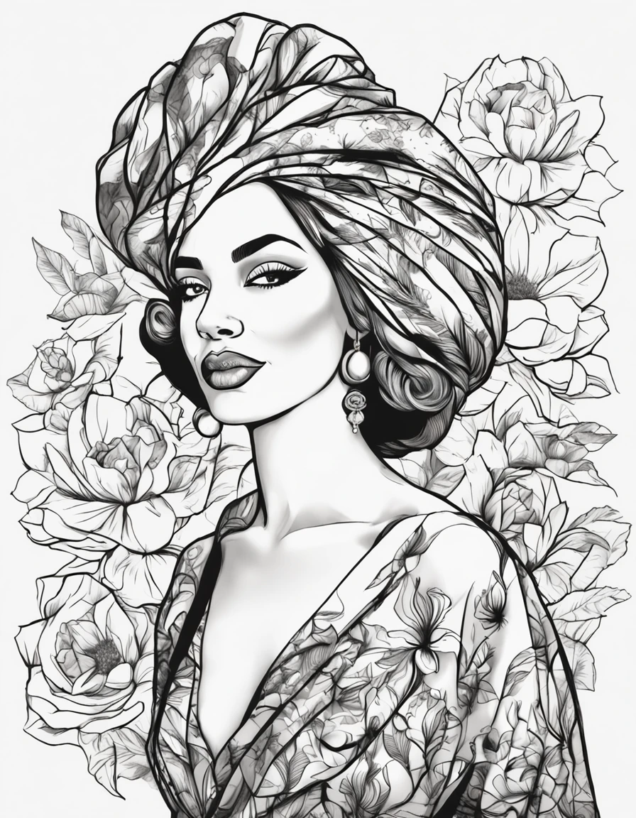 mulher negra com turbante, in black and white with lotus flower on background, em vestido com flores, sua arte de linha de tinta fina, comiс style, Portrait of the magical Marilyn Munroe beautiful line of art, black and white comic style, Manga style, Manga art style, Caricature drawing in pencil and ink, black and white coloring --auto --s2