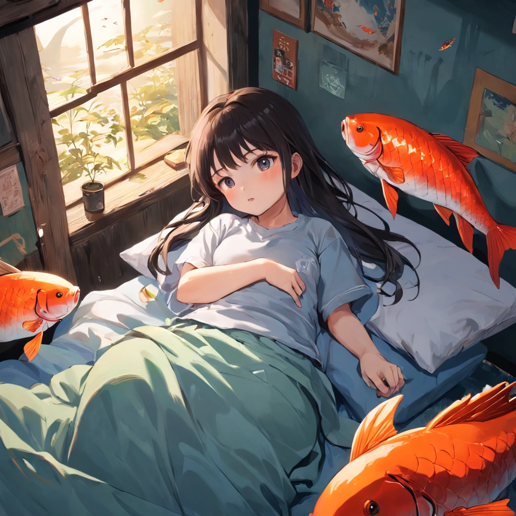 The girl slept on the bed in the room、Wearing a T-shirt designed by carp、The room had a tank with carp、The photo of my first catch of carp is included in the frame.、Oil painting with large carp on the wall